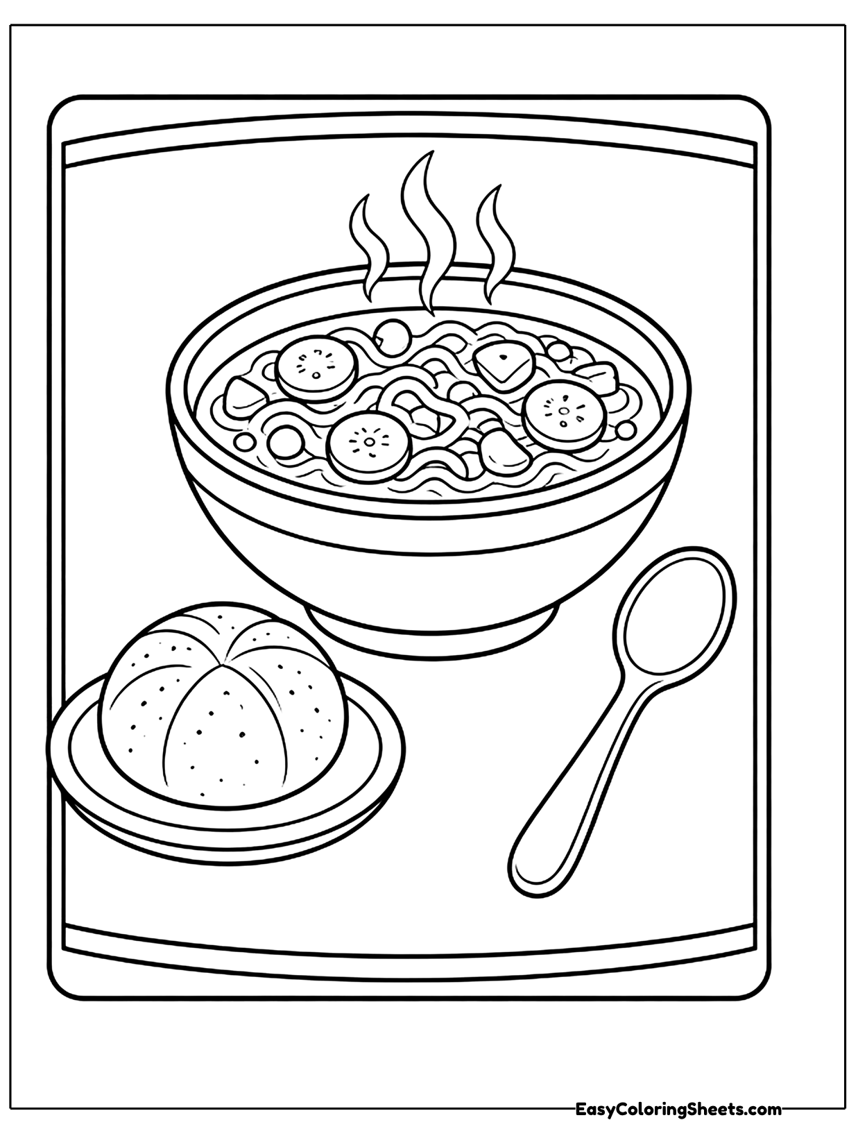 A steaming bowl of soup packed with vegetable pieces sits beside a round bread roll and a spoon on a tray.