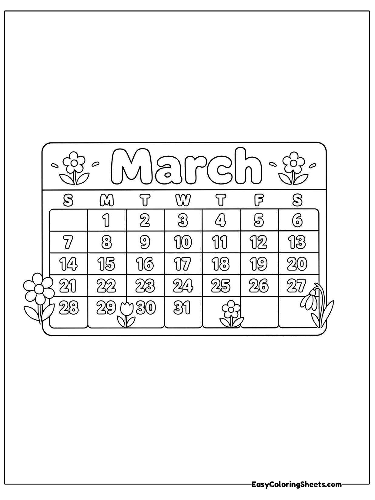 A March calendar with a decorated title, day columns and date boxes sits in the middle of the page.