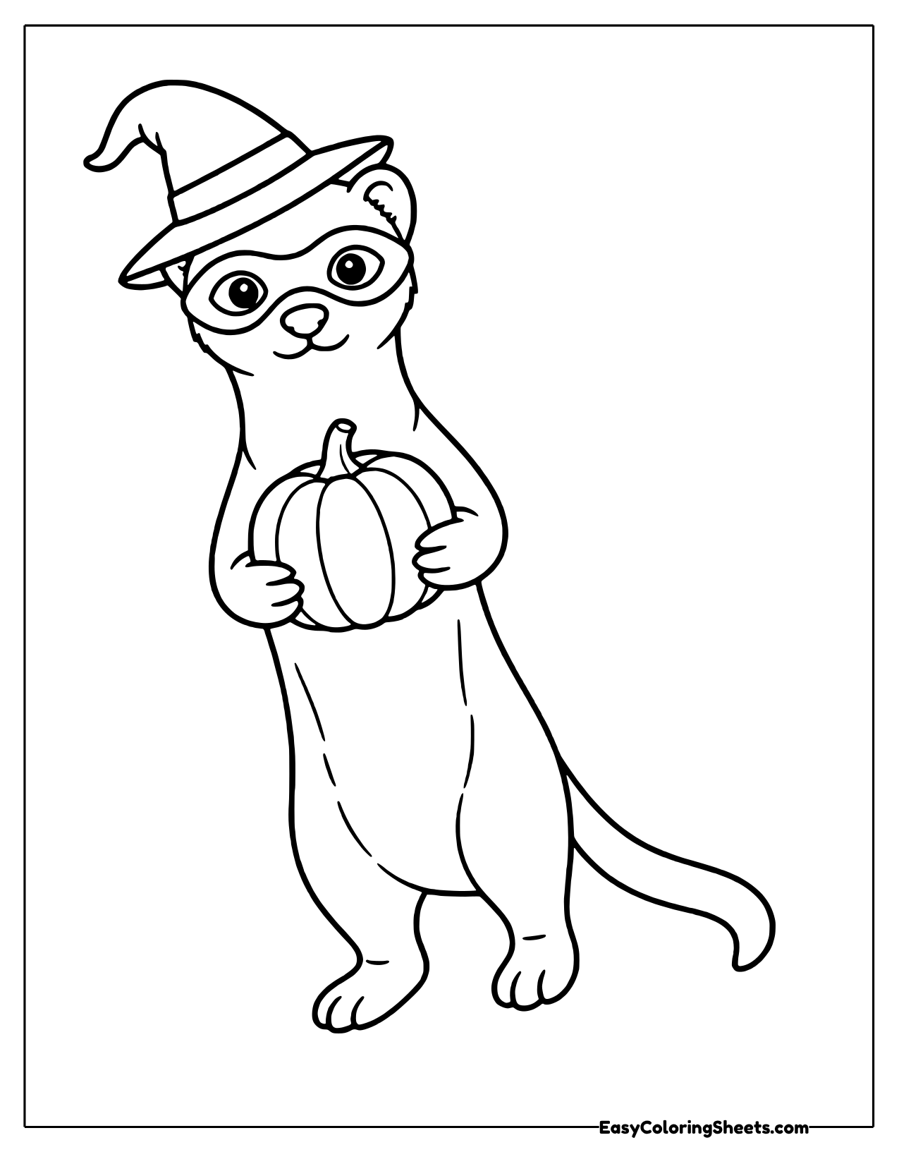 Ferret in a witch hat carrying a small pumpkin