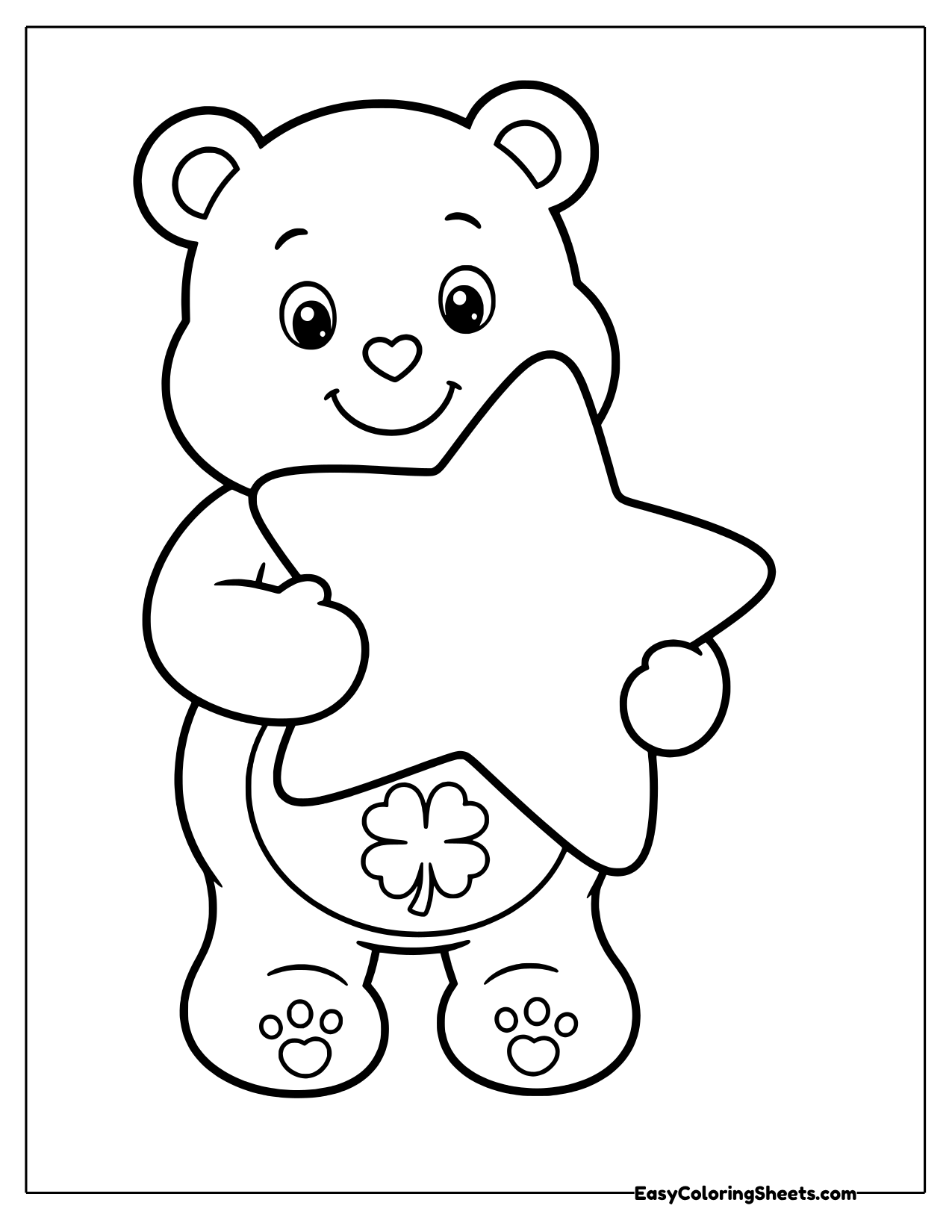 Care Bear with a four leaf clover belly badge hugging a giant five pointed star