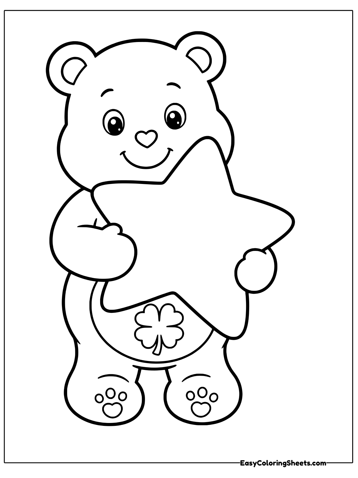 A cuddly Care Bear hugs a giant star in this happy coloring sheet.