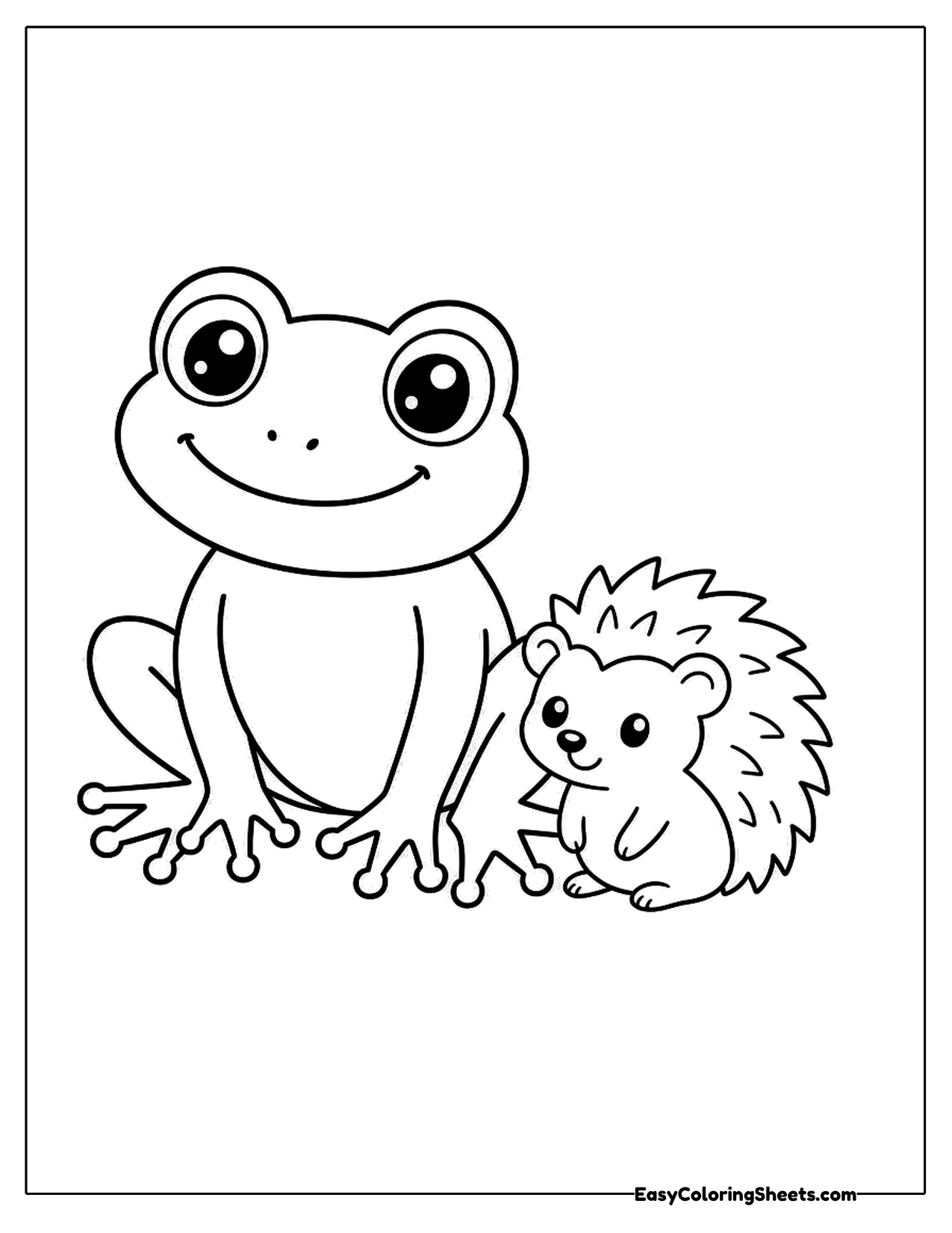 Frog sitting next to a spiky little hedgehog