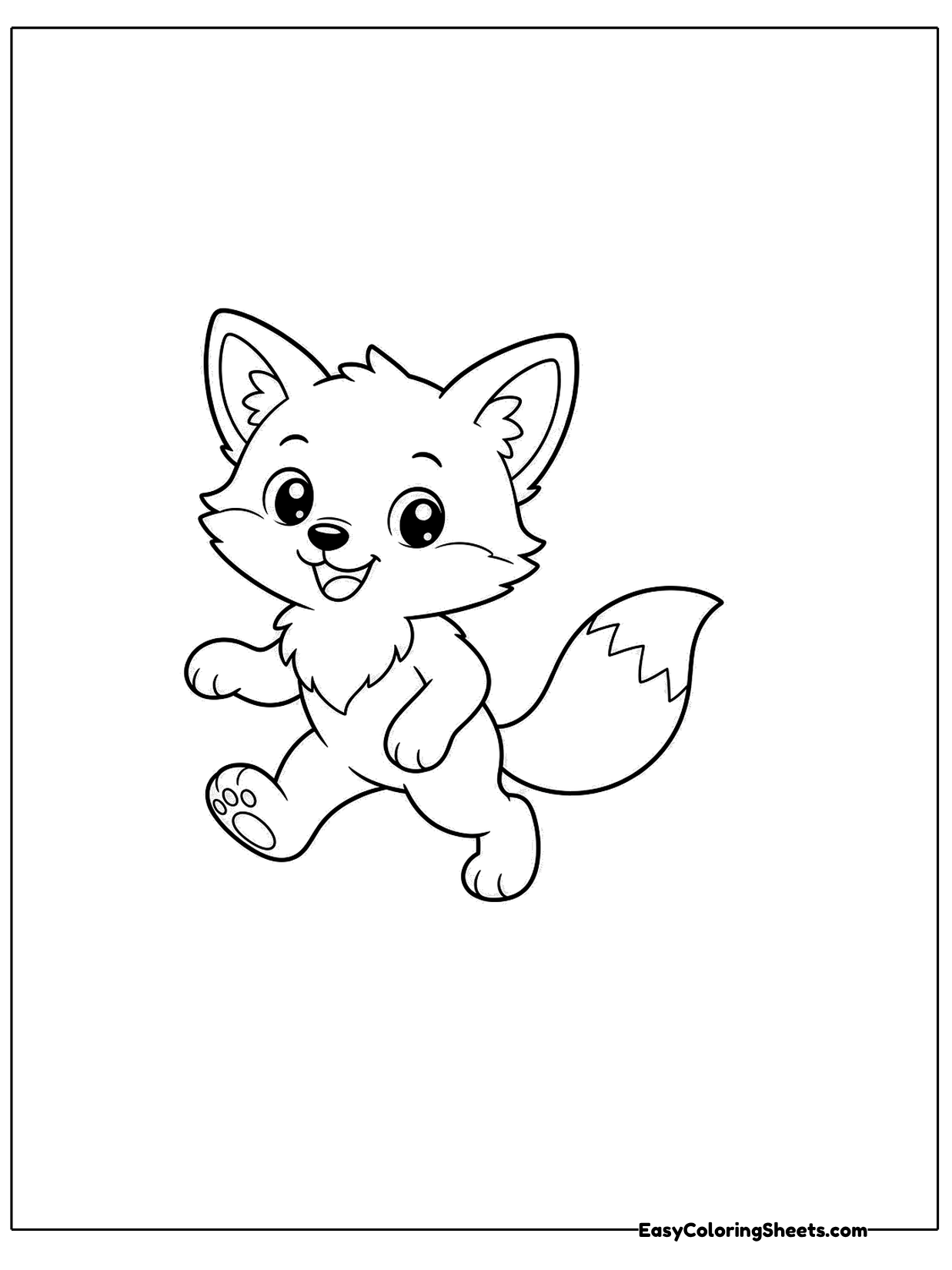A cheerful fox walks forward with one front paw raised, showing it in the middle of a step.