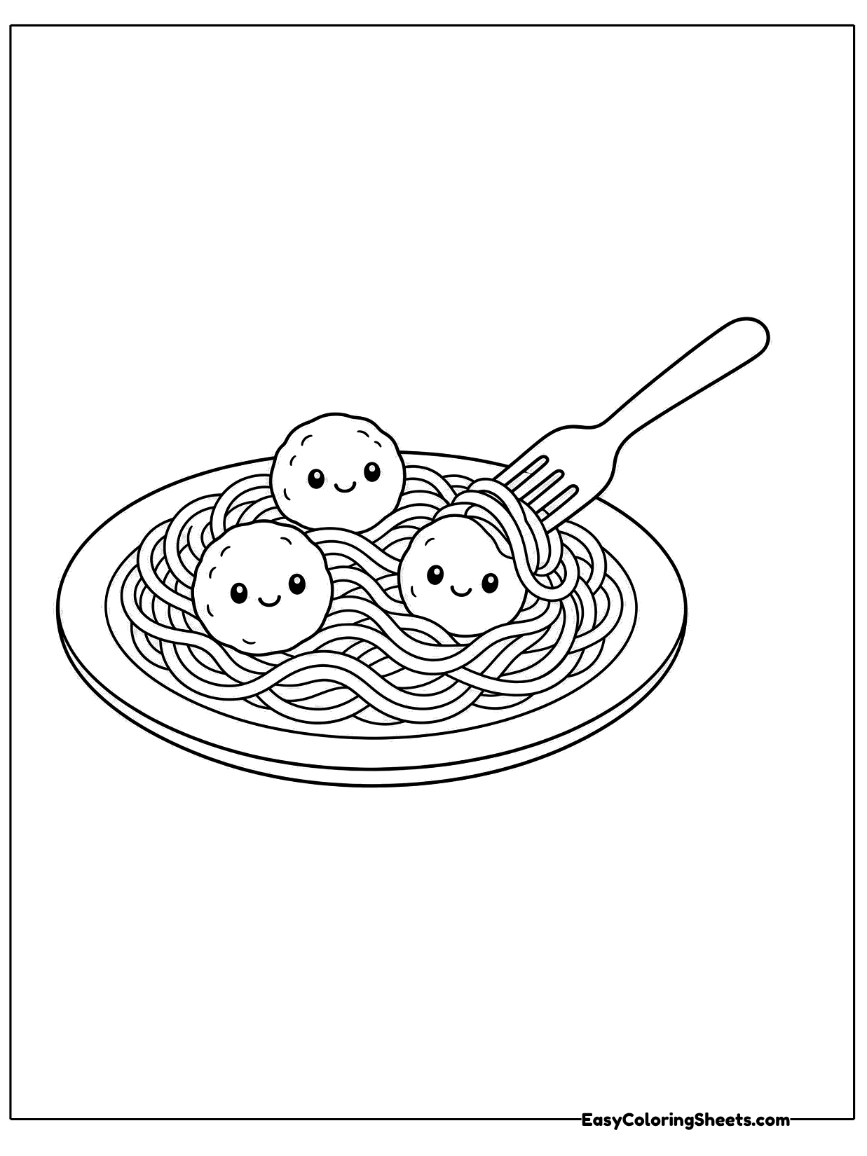 A swirl of spaghetti fills a plate topped with round meatballs that have cute faces, and a fork twirls a few noodles.
