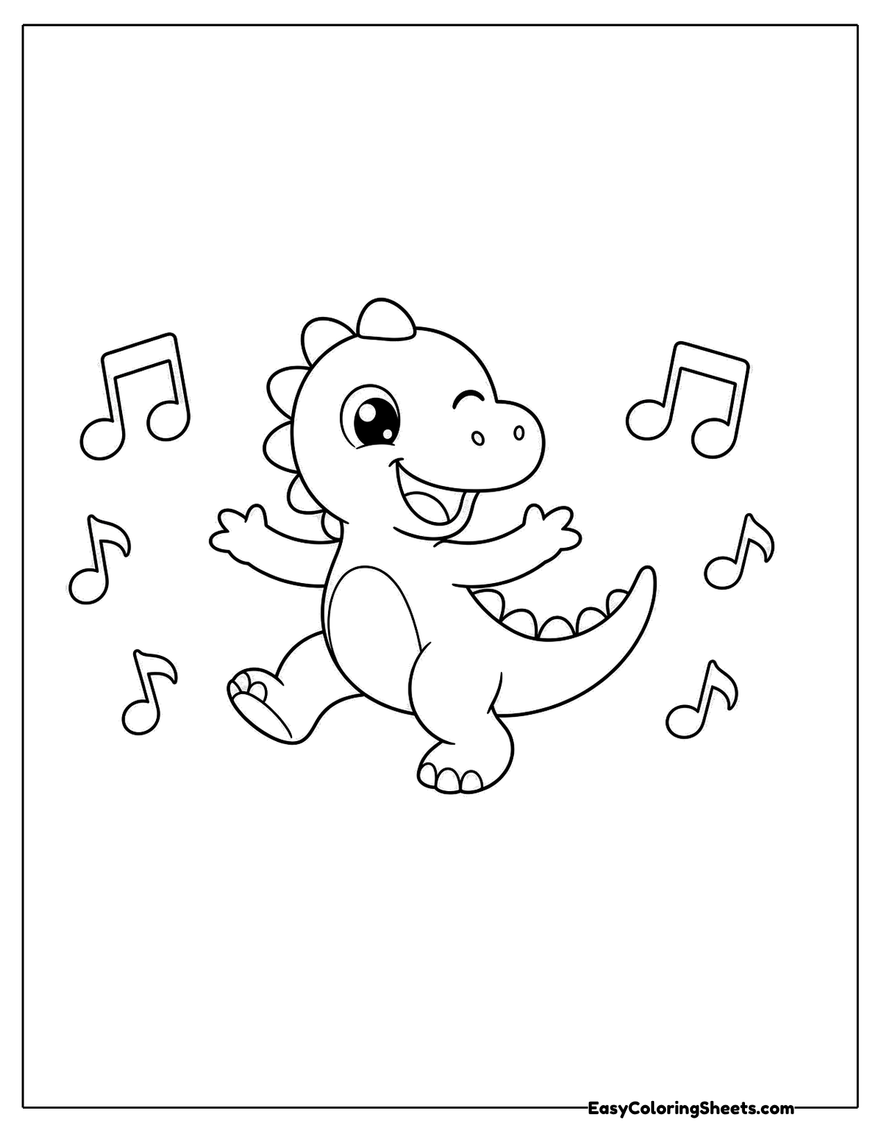 Purple-style dinosaur dancing with music notes
