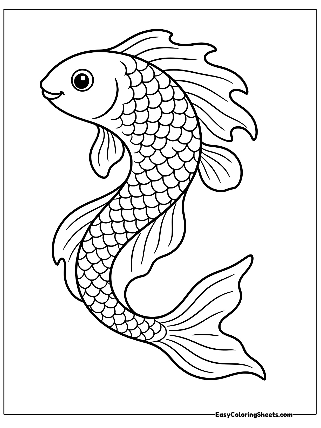 This koi twists its body into a graceful S shape, showing a fancy ruffled tail and frilly fins.