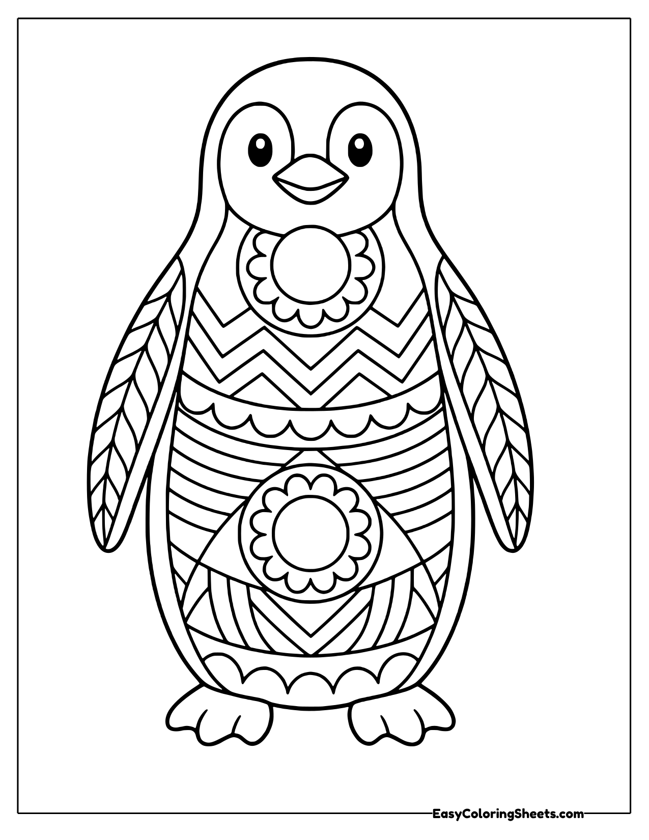 A standing penguin is covered in simple zentangle shapes, with a round flower on its chest, feather lines on its wings.
