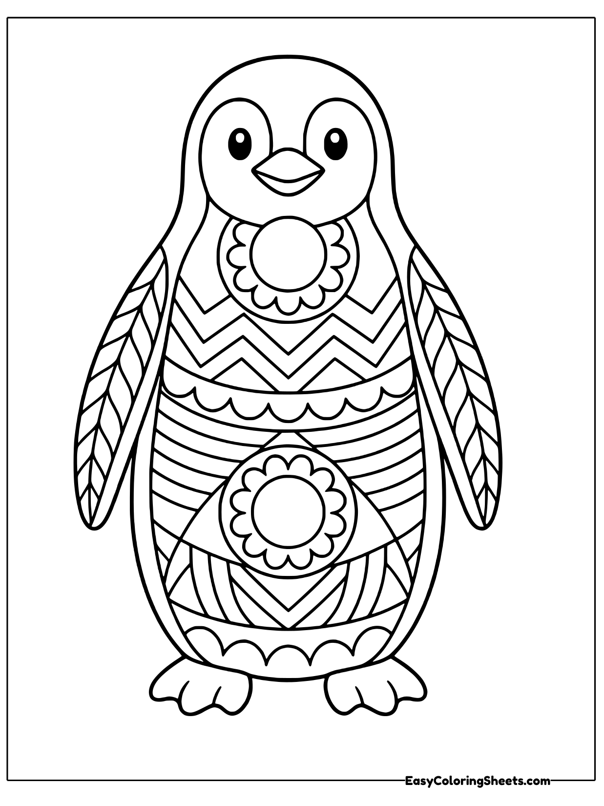 A standing penguin is covered in simple zentangle shapes, with a round flower on its chest, feather lines on its wings.