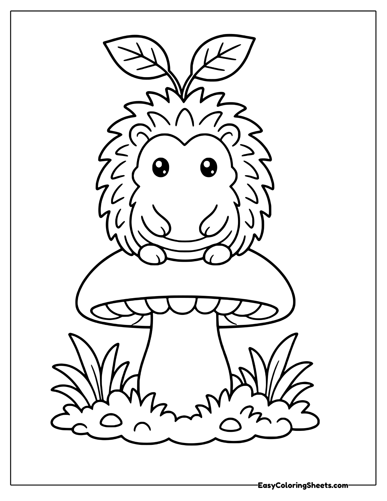 Hedgehog peeking over the cap of a tall mushroom
