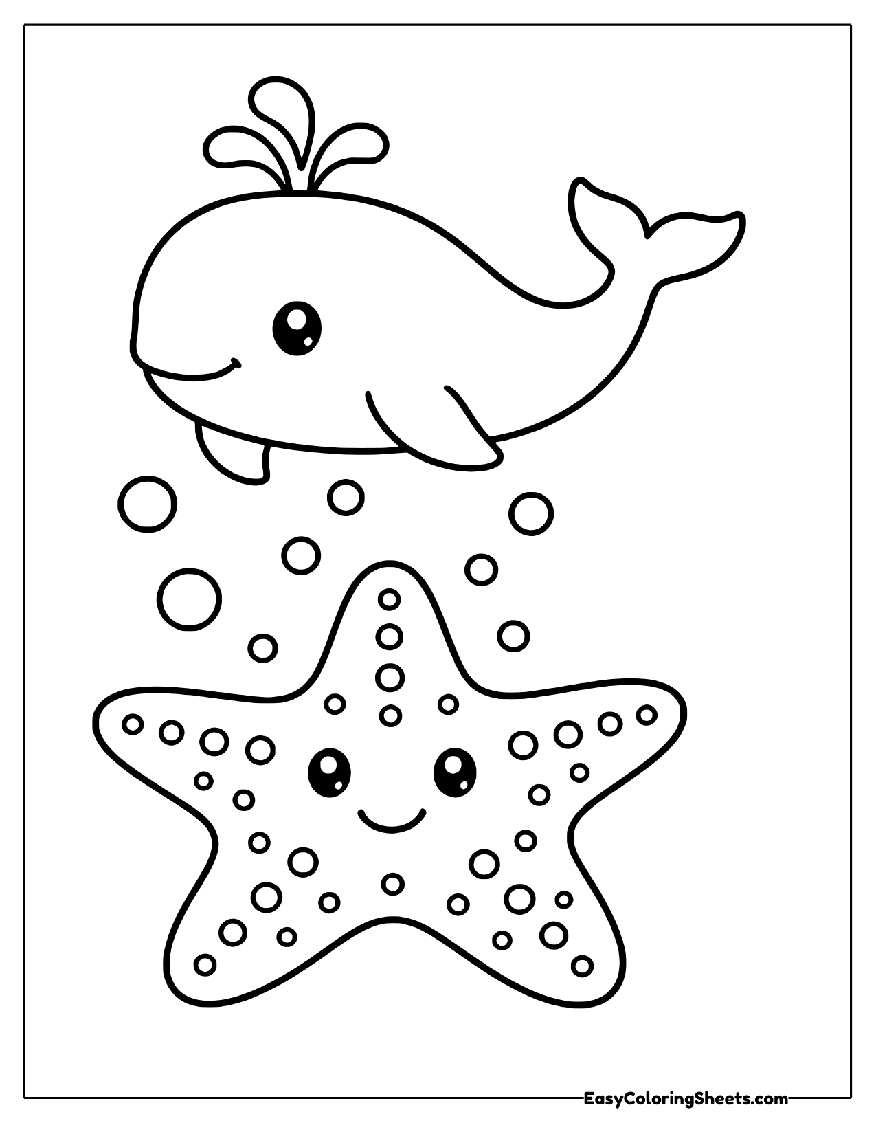 Happy dotted starfish below a little whale spouting water