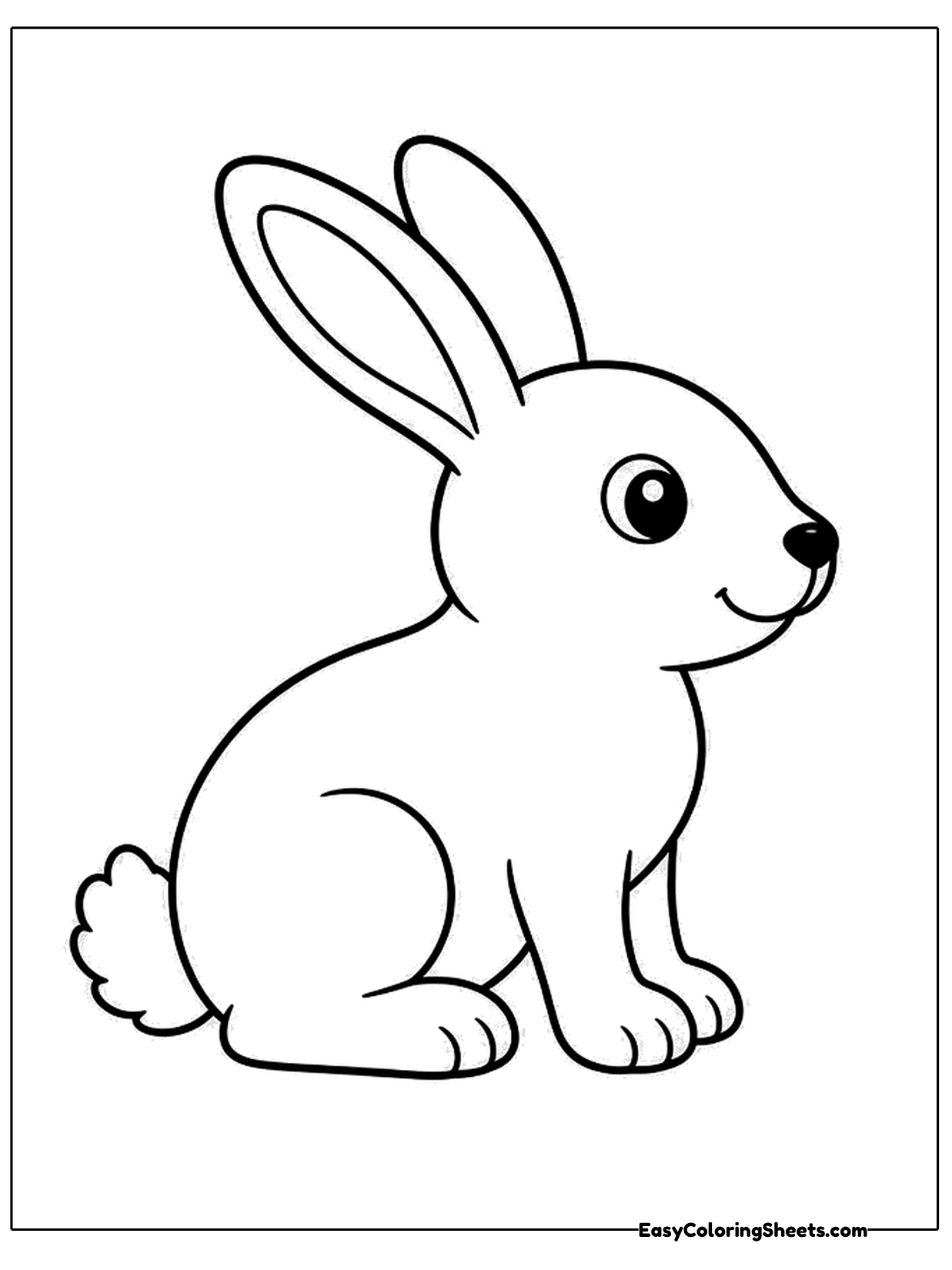 A large rabbit is drawn in side view with tall ears, a round eye, a small nose and a fluffy tail.