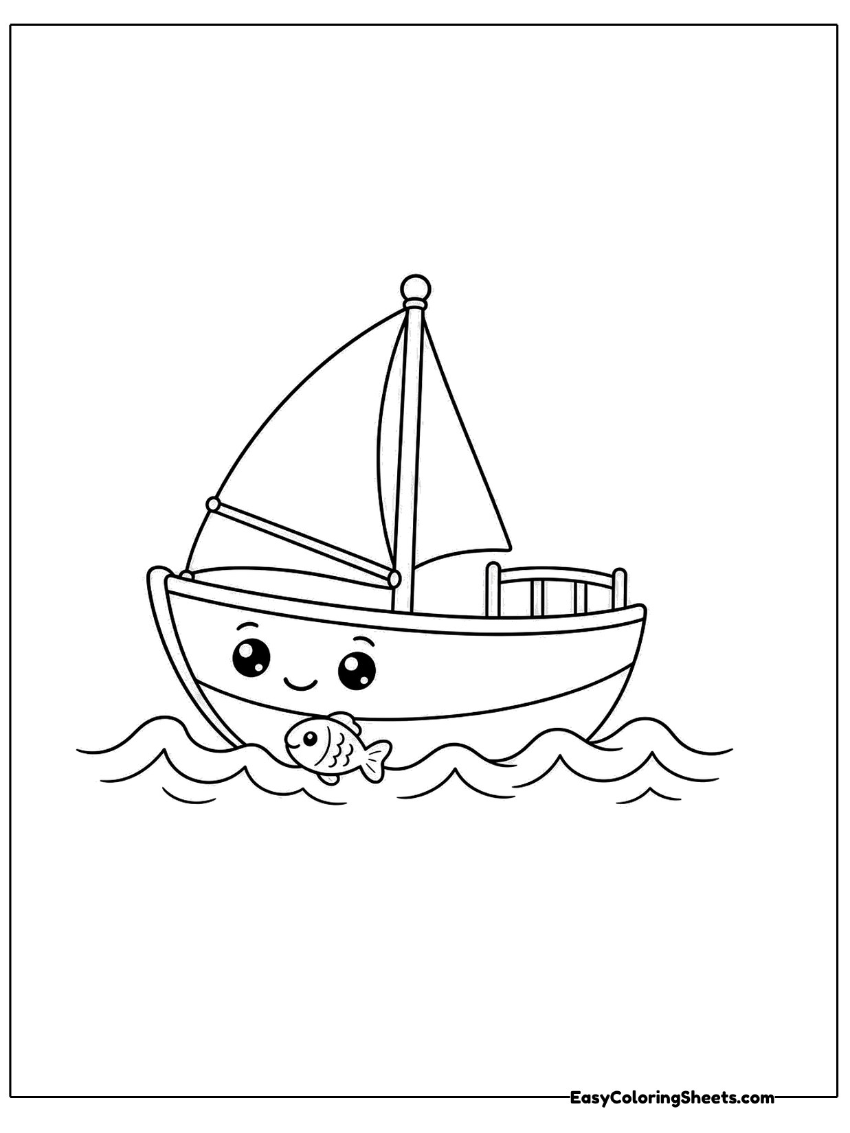 A smiling sailboat with a cabin sails along while a little fish swims in the water beside it.
