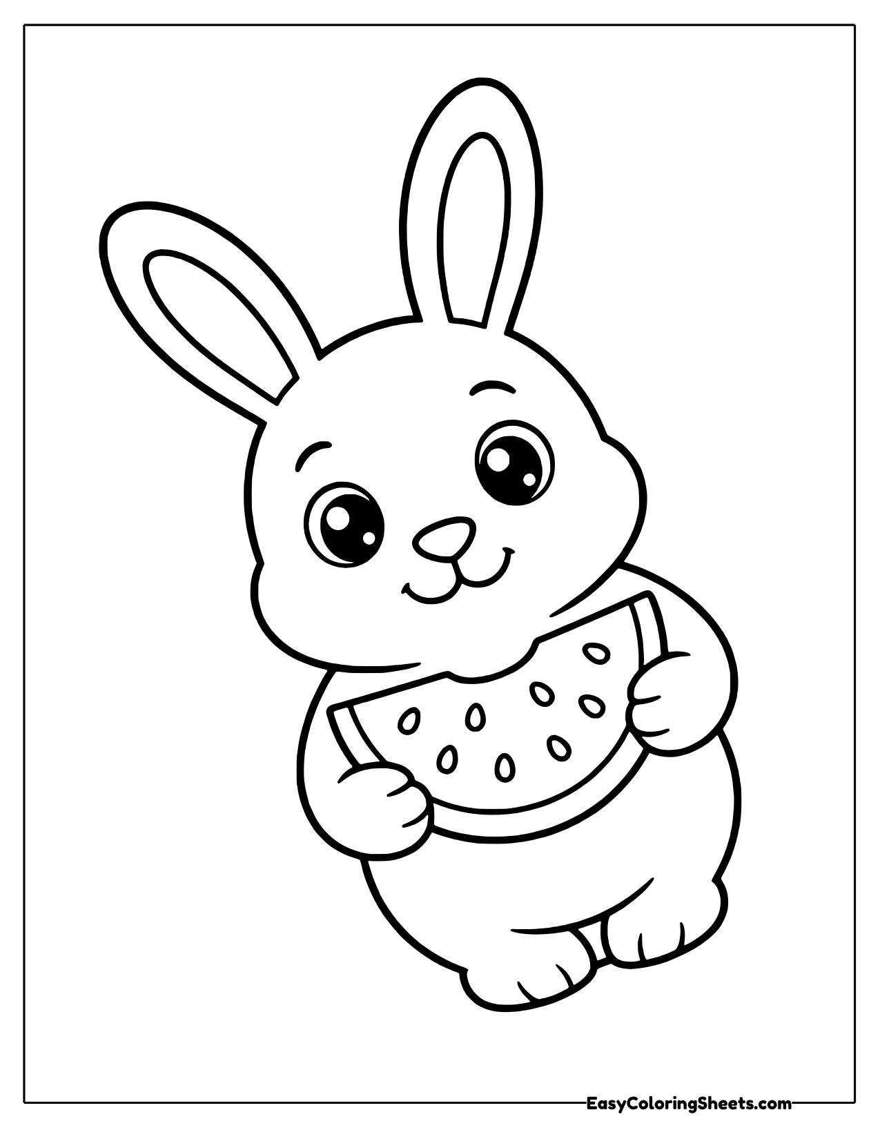 A happy bunny with tall ears holds a big curved slice of watermelon dotted with seeds, leaning playfully across the page.