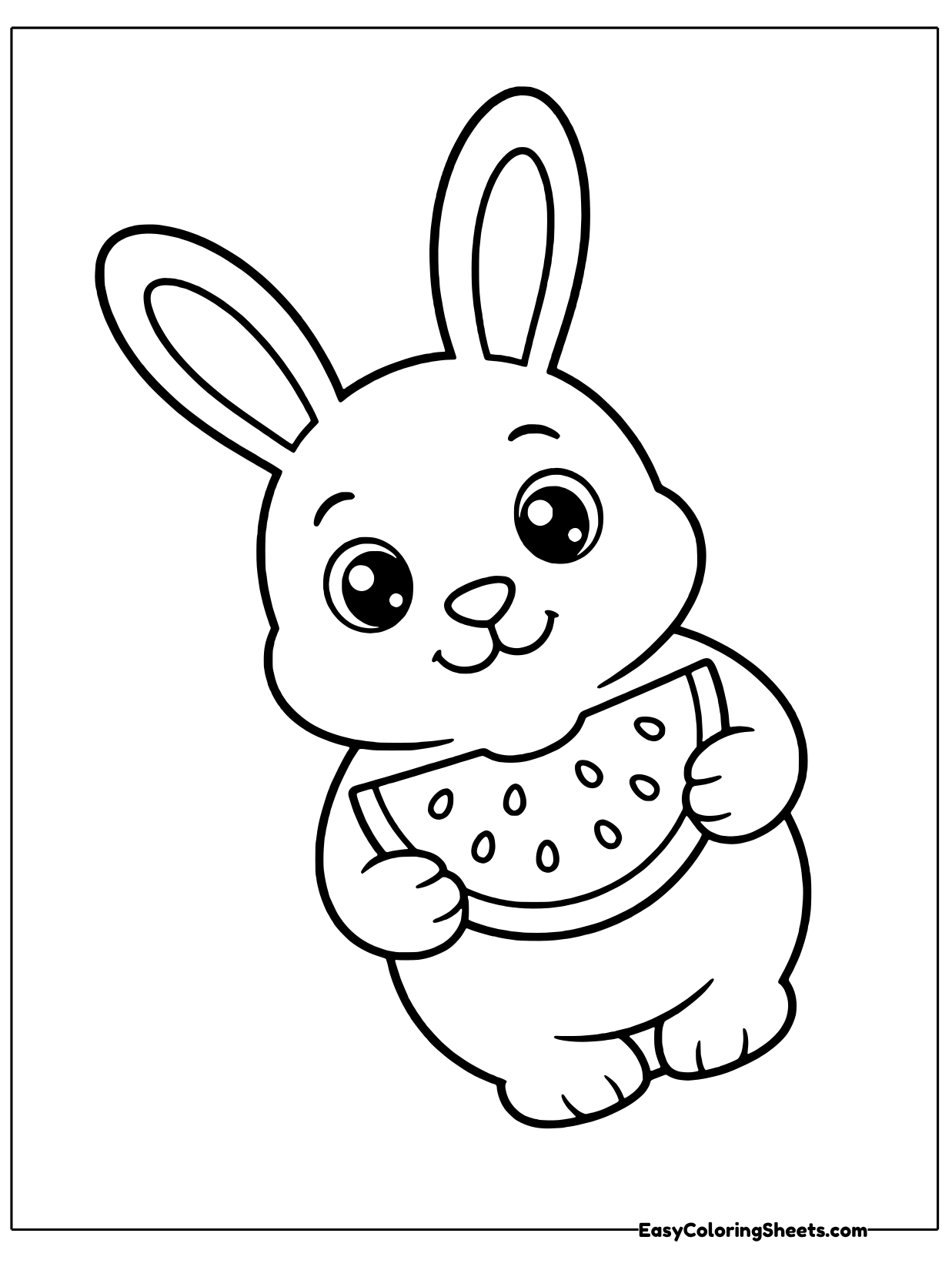 A happy bunny with tall ears holds a big curved slice of watermelon dotted with seeds, leaning playfully across the page.