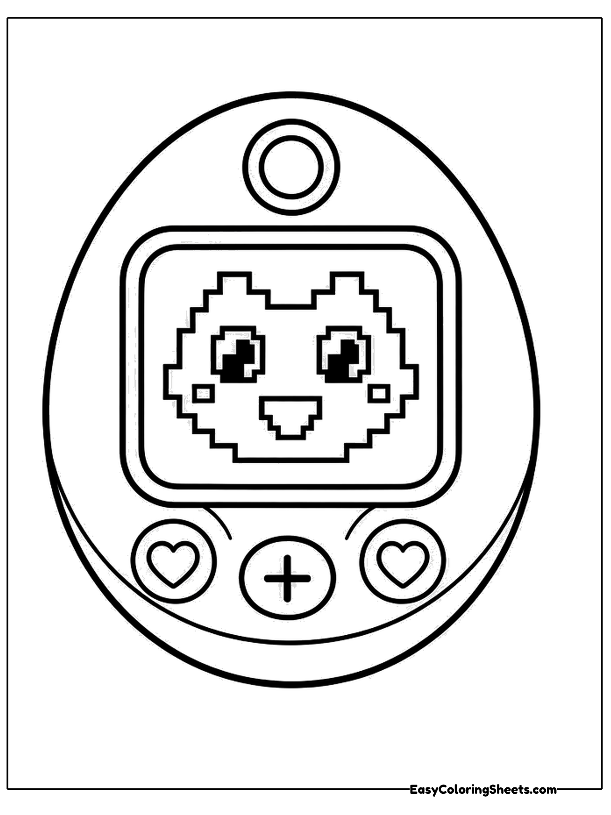An egg shaped toy with a pixel screen showing a little creature and three buttons below fills the page.