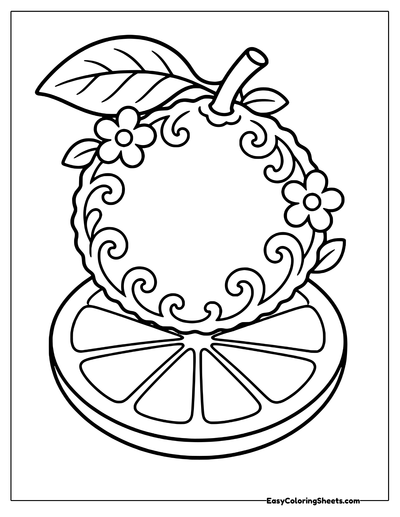 Lime decorated with swirls and flowers sitting on a large slice