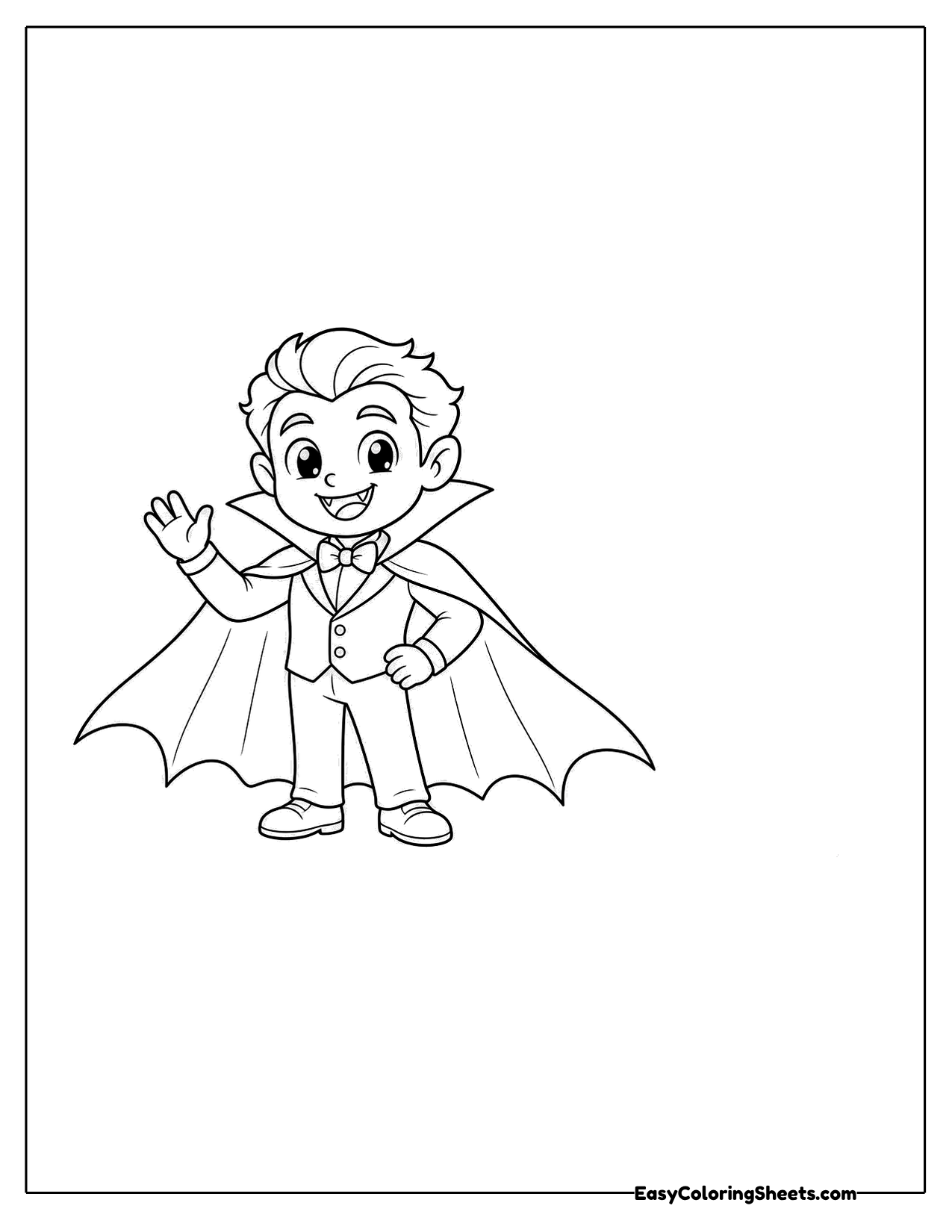 Small vampire hotel host waving in a cape