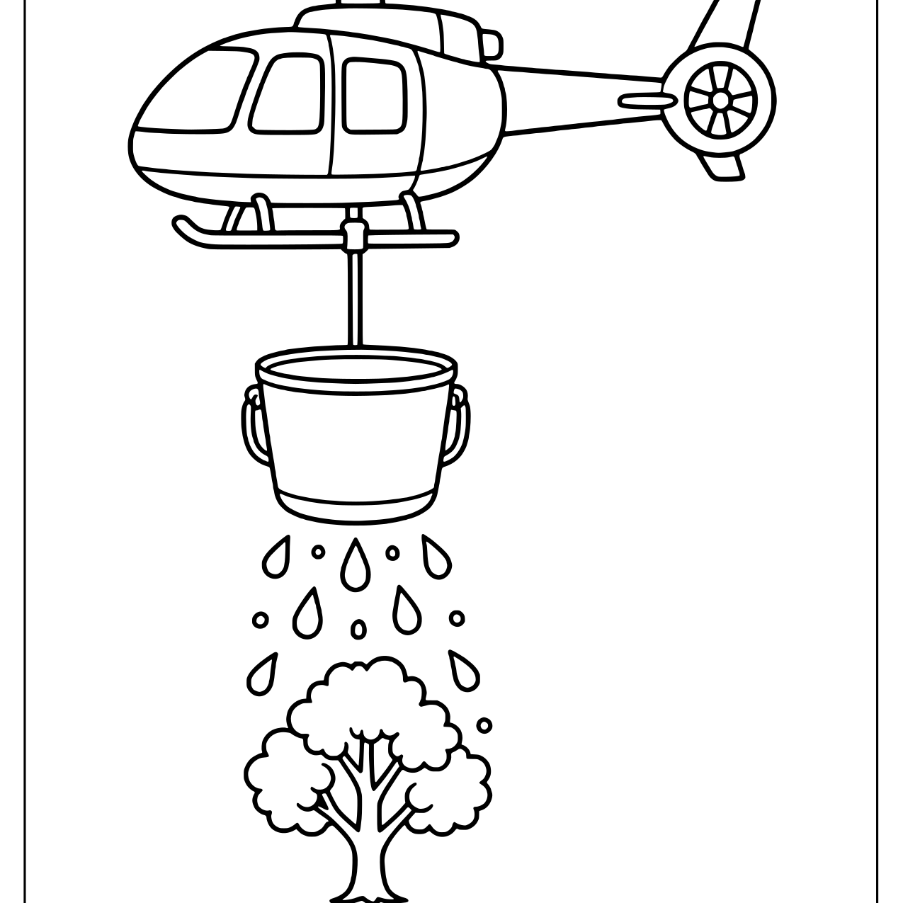 Helicopter carrying a water bucket that sprinkles drops onto a small tree