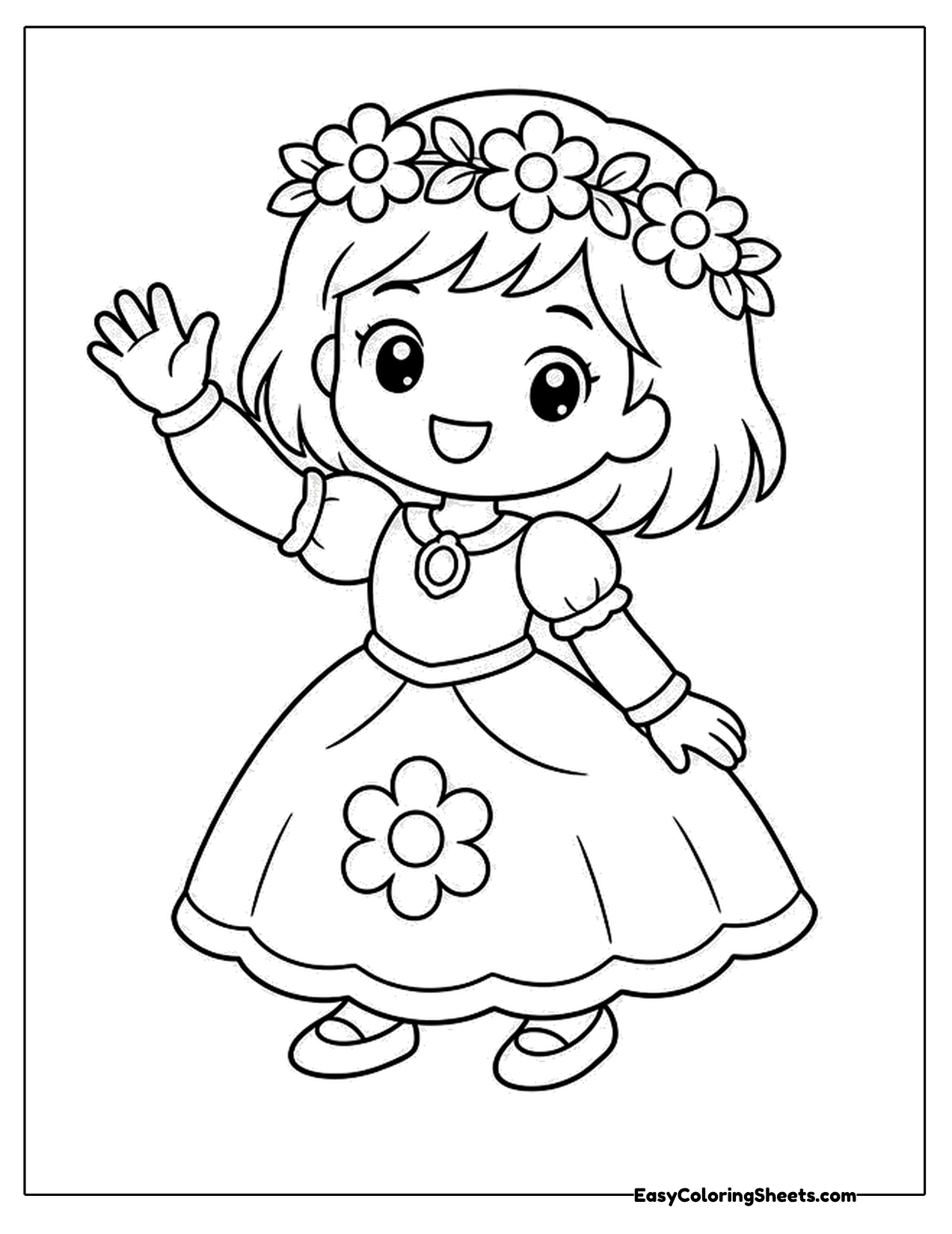 Waving girl in a flower crown and dress