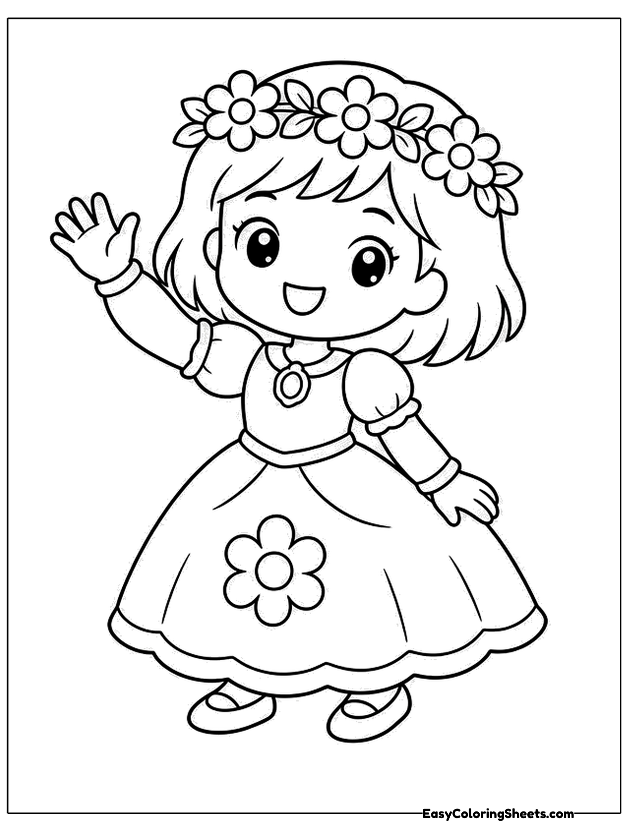 A cheerful girl in a crown of daisies waves one hand and wears a dress decorated with a big flower.