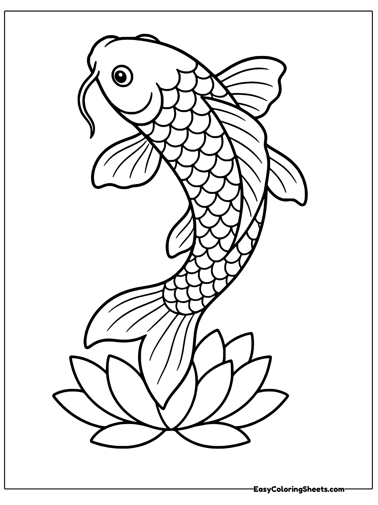 A koi swims upward from a blooming lotus flower at the bottom of the page.