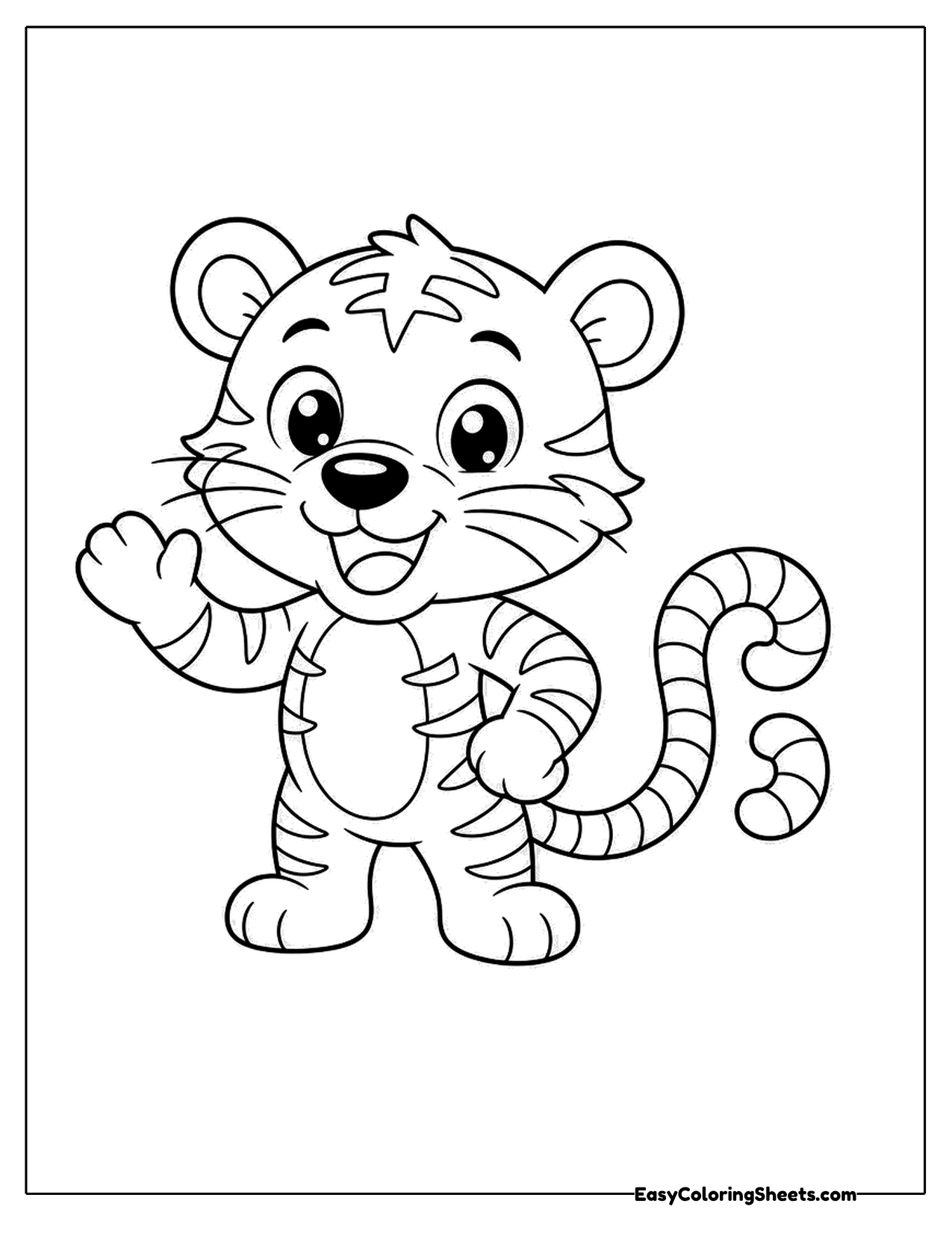 Striped tiger character waving with a curly tail