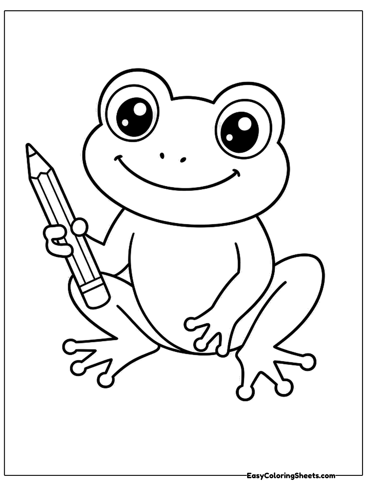 A smiling frog sits holding a tall sharpened pencil with an eraser on top.
