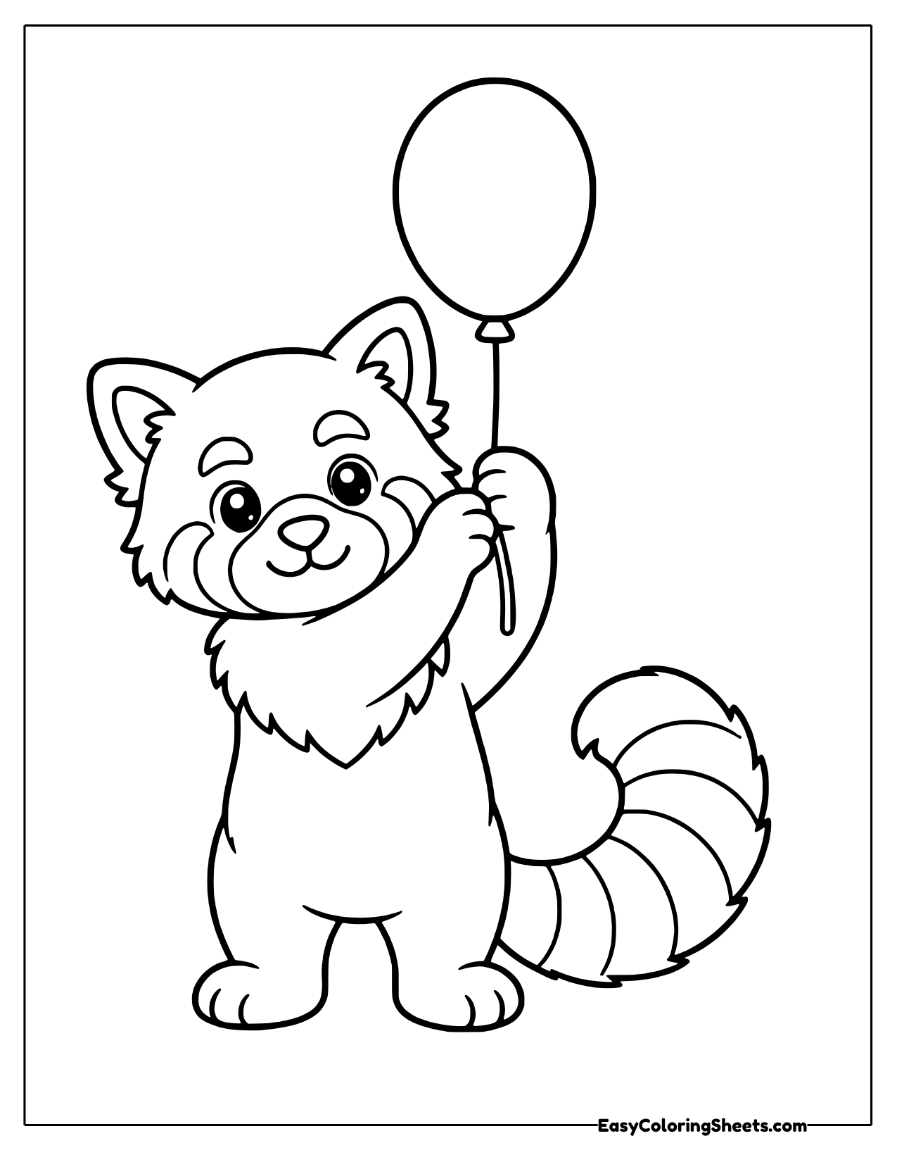 Friendly red panda with a ringed tail holding a round balloon