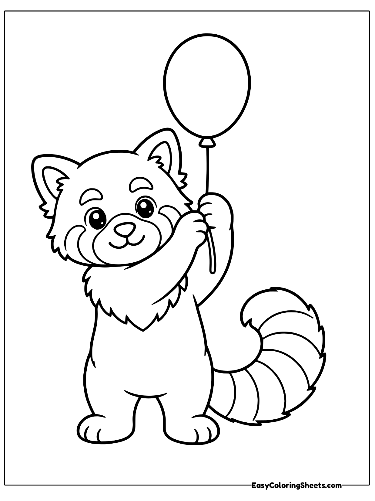 A friendly red panda with a fluffy ringed tail holds the string of a round balloon floating above its head.