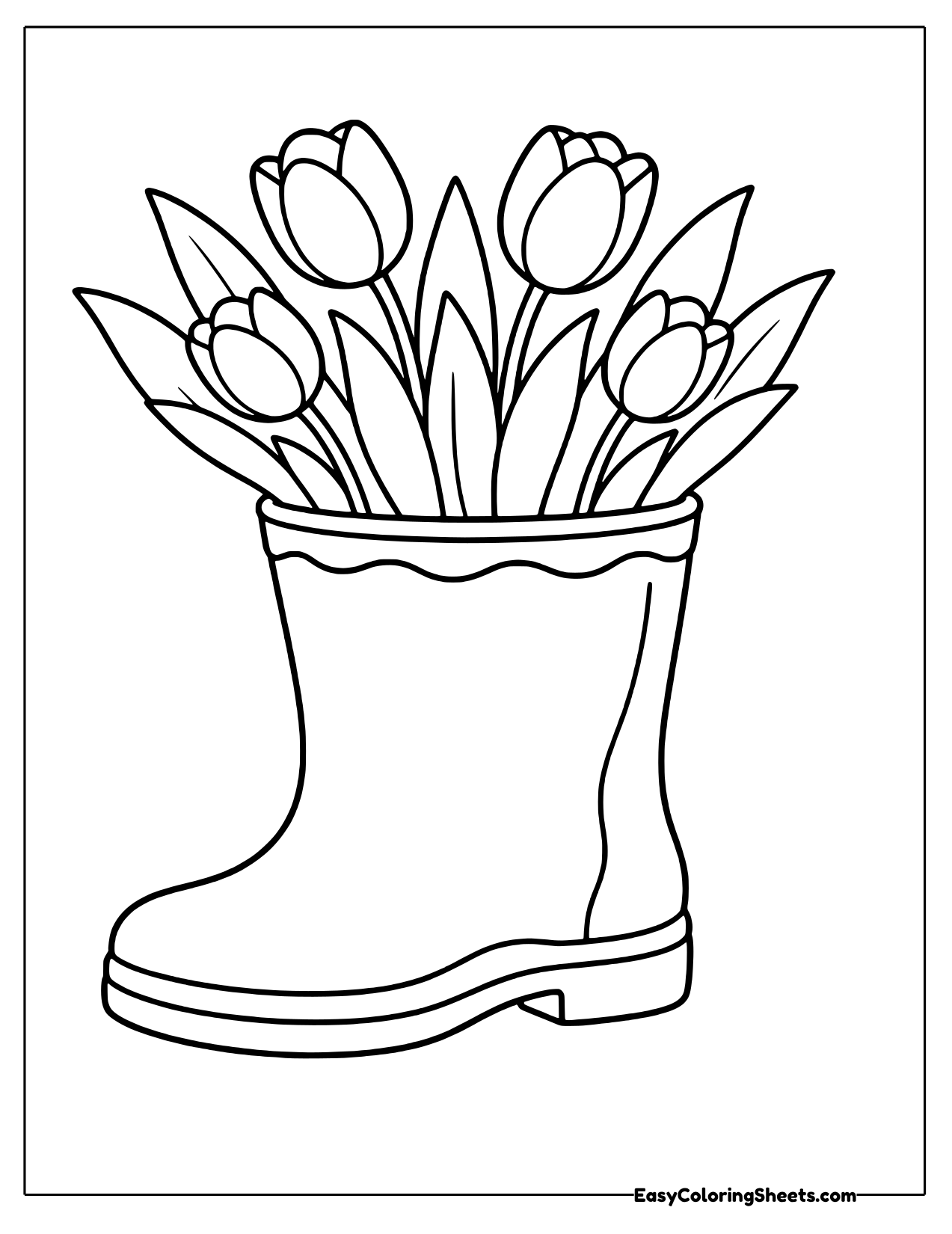 Rain boot used as a planter with a bunch of tulips growing out of it