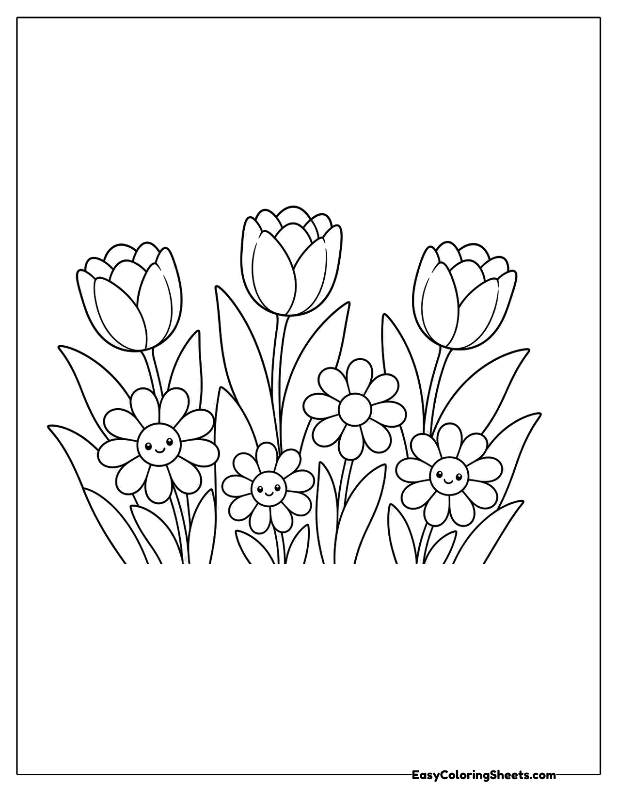 Bunch of tulips and daisies growing together