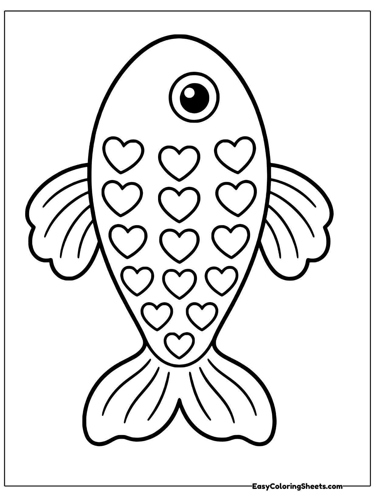 Instead of regular scales, this upright fish is decorated with rows of small hearts down its body.