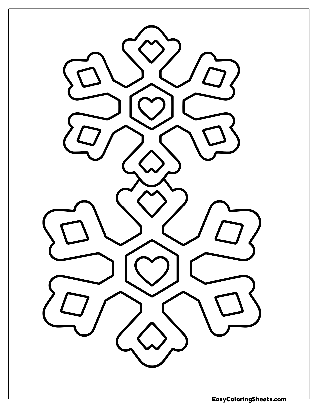 Two rounded snowflakes stack vertically, each made from clustered heart shapes and small diamonds.