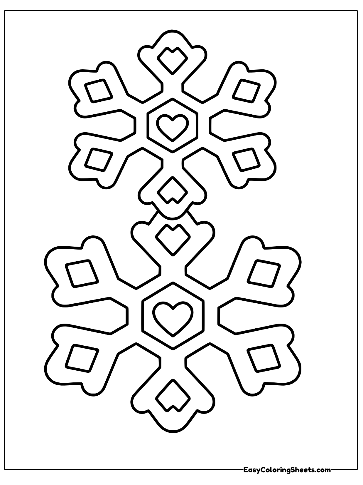 Two rounded snowflakes stack vertically, each made from clustered heart shapes and small diamonds.