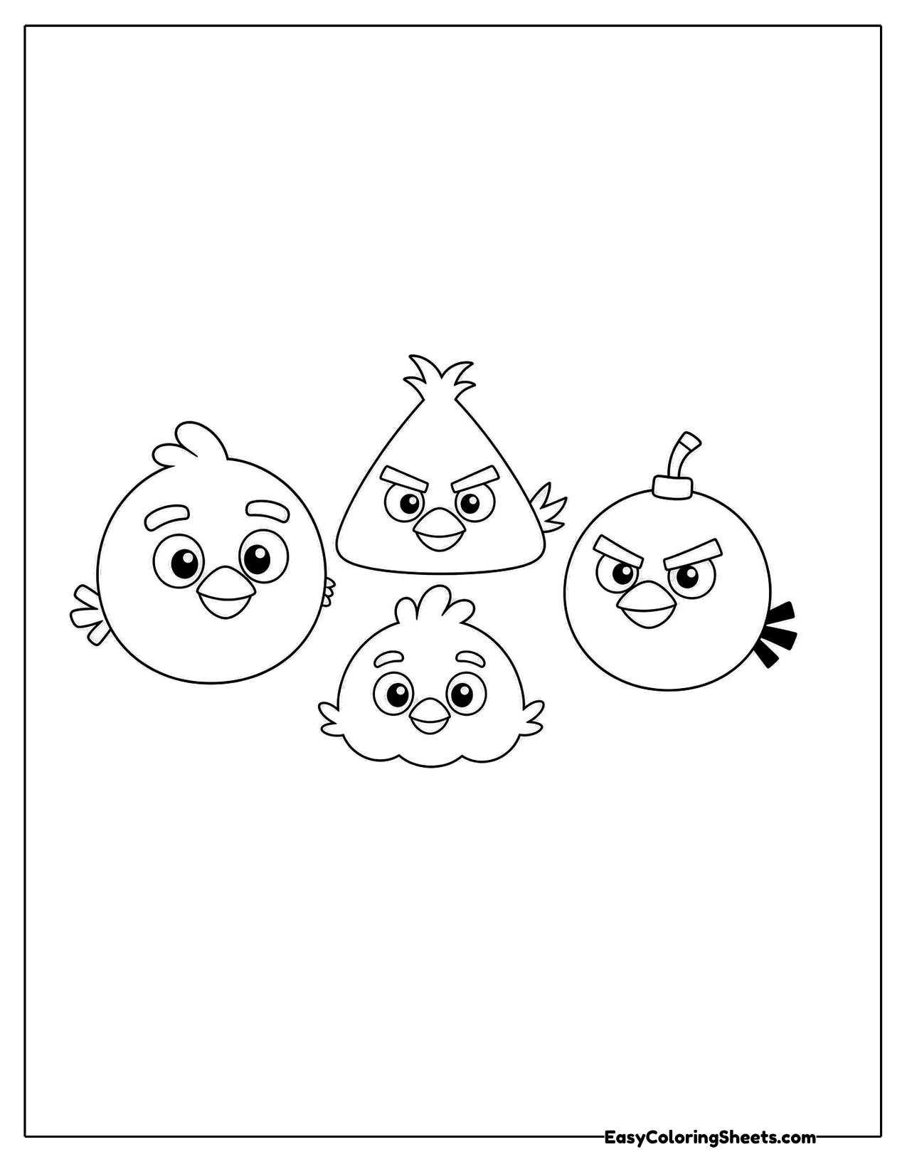 Group of four angry-looking cartoon birds