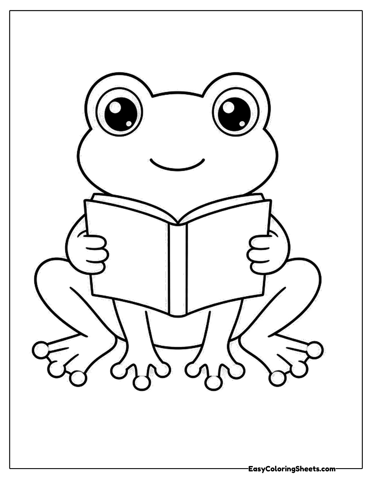 Frog holding an open book with a happy face
