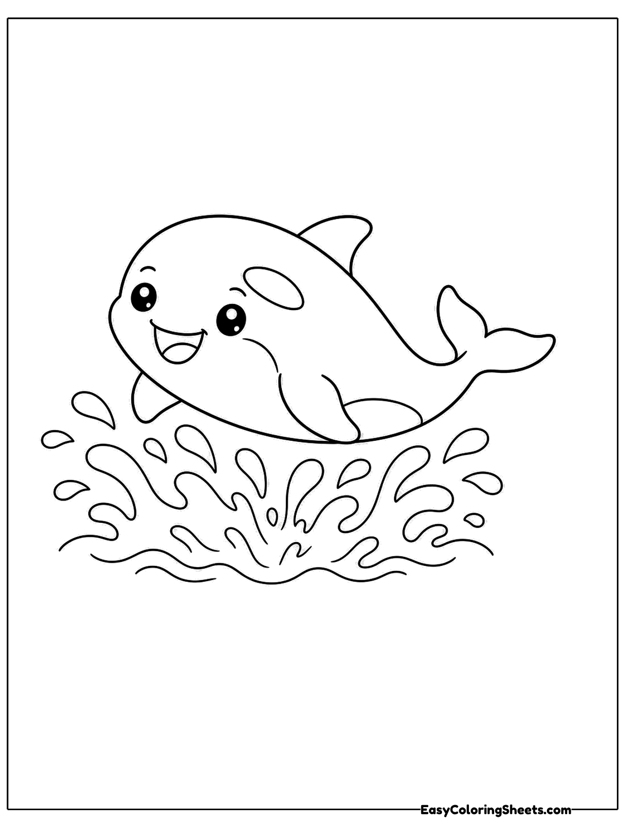 A little orca smiles as it jumps over a big splash of water, its fins spread wide.