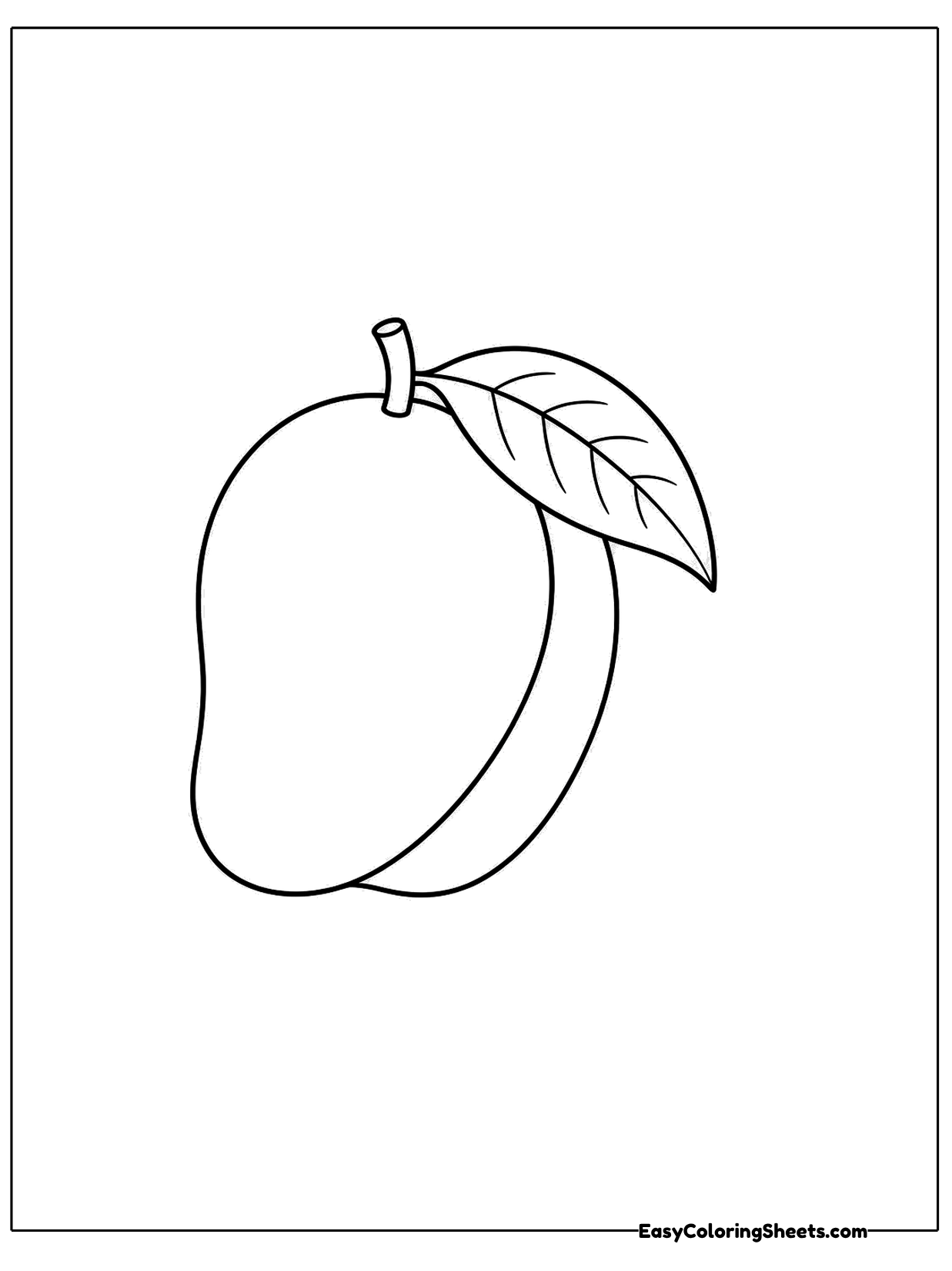 A plump mango sits upright with a short stem and a single pointed leaf, and a curved line shows its rounded side.