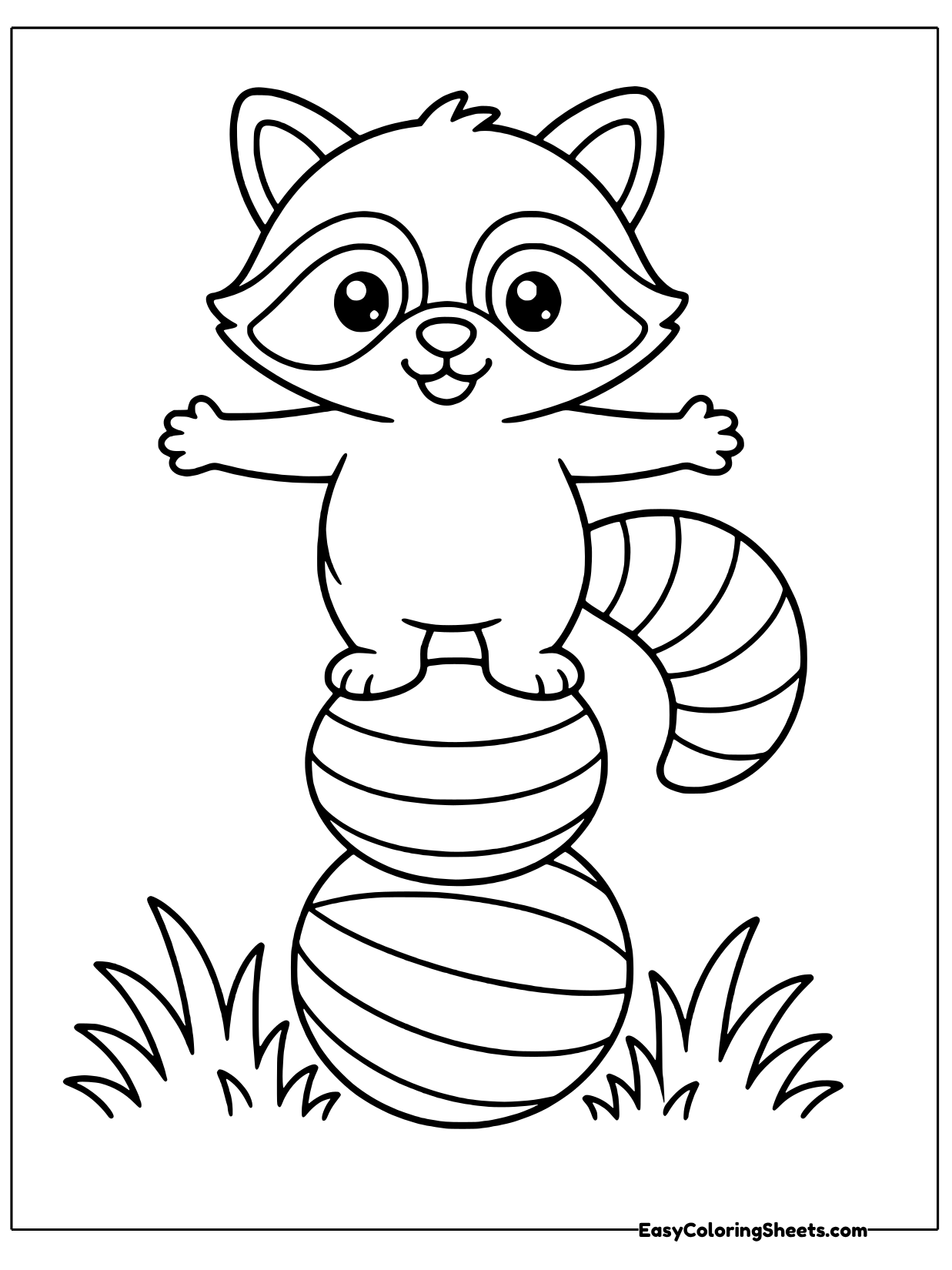 A raccoon stands with arms spread wide on top of two stacked striped balls, balancing like a circus performer.