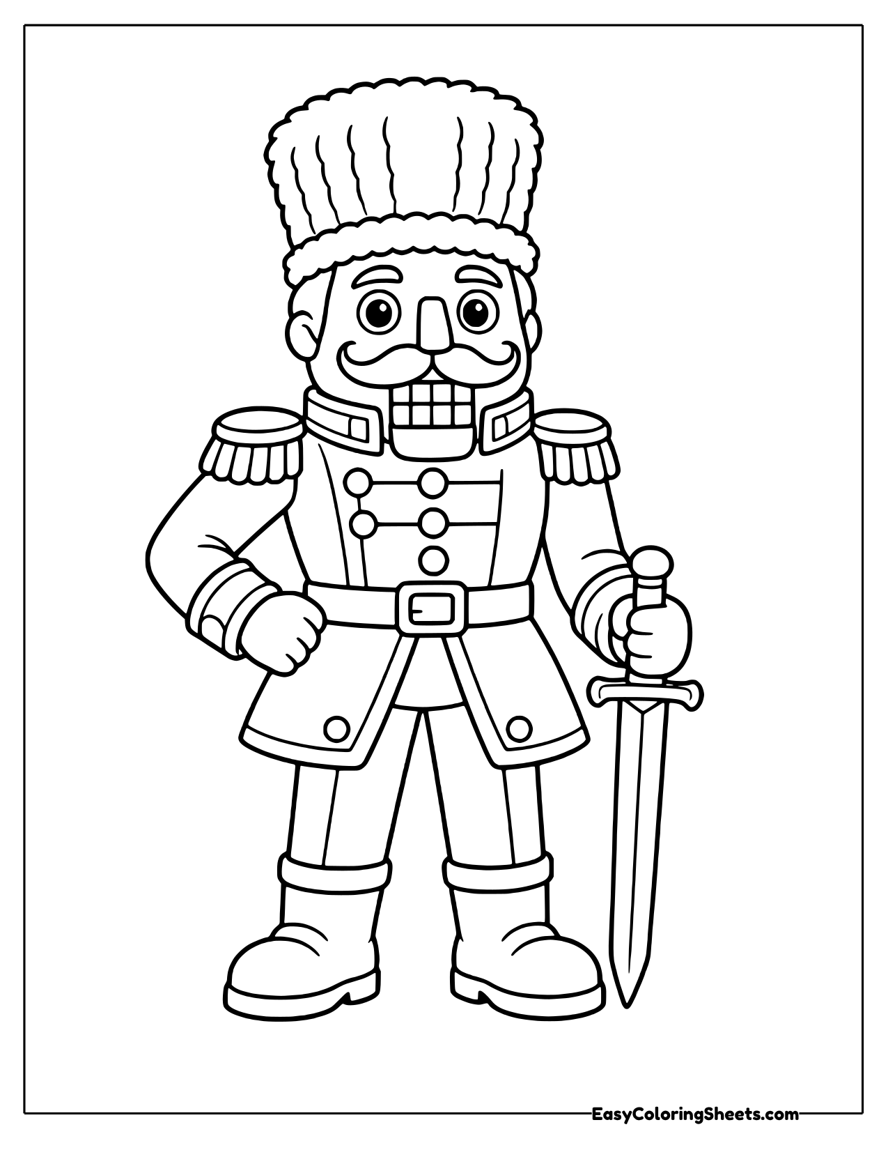 Nutcracker with one hand on hip and a sword at his side