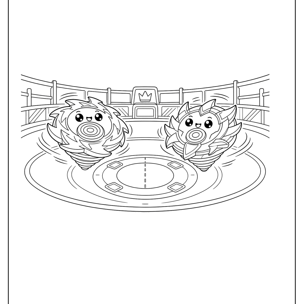 Two spinning tops battling in an arena