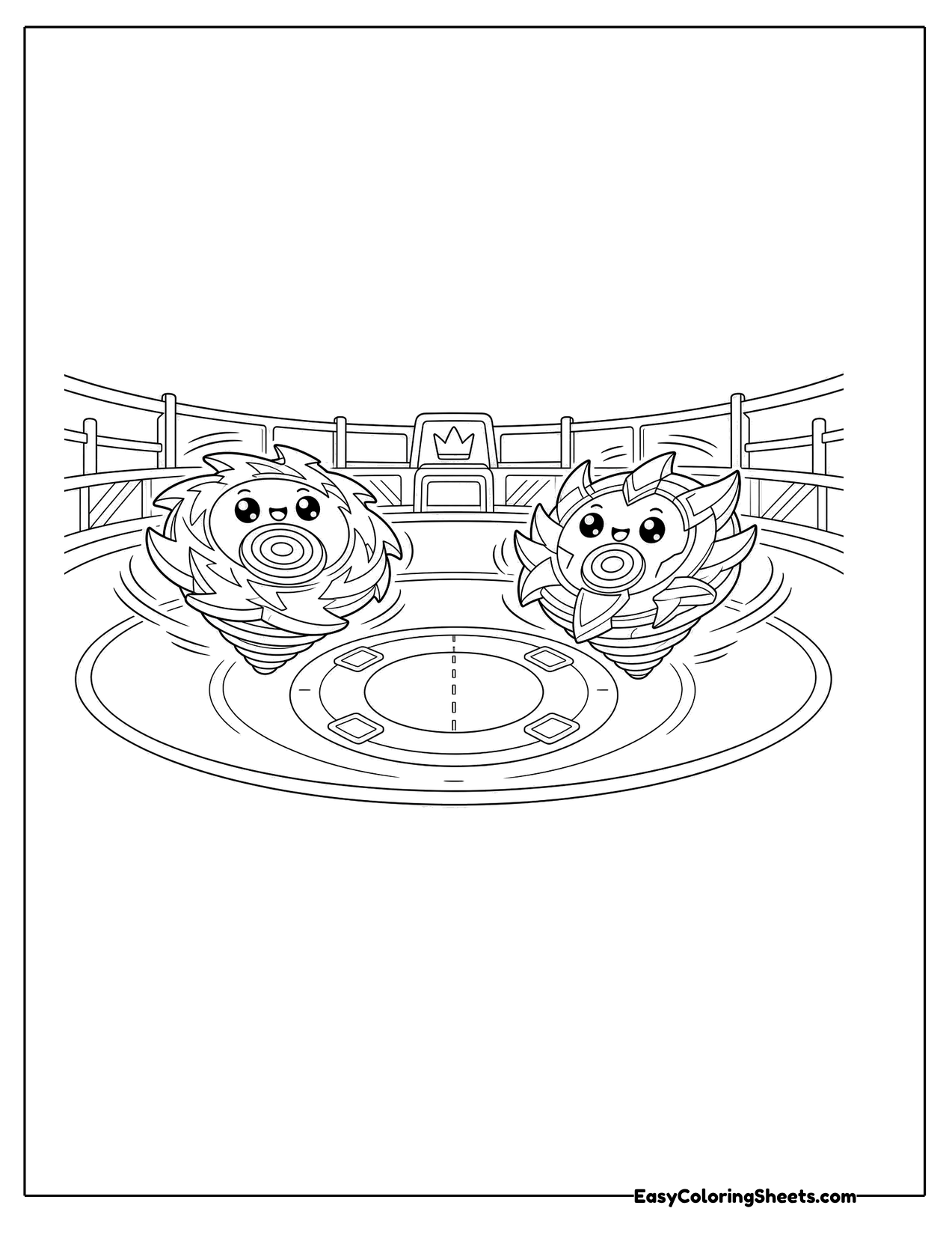 Two spinning tops battling in an arena