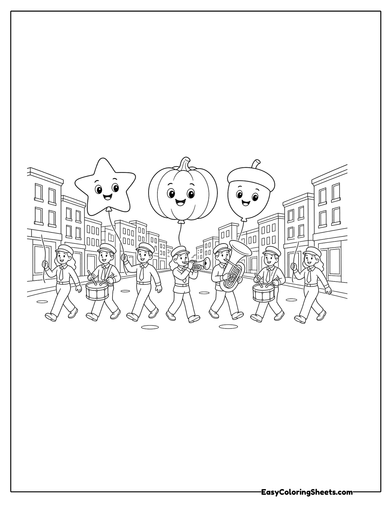 Marching band parading down a city street with balloons overhead