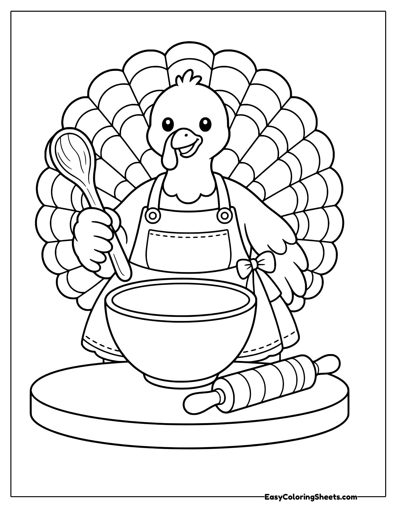 Turkey in an apron stirring a mixing bowl with a wooden spoon