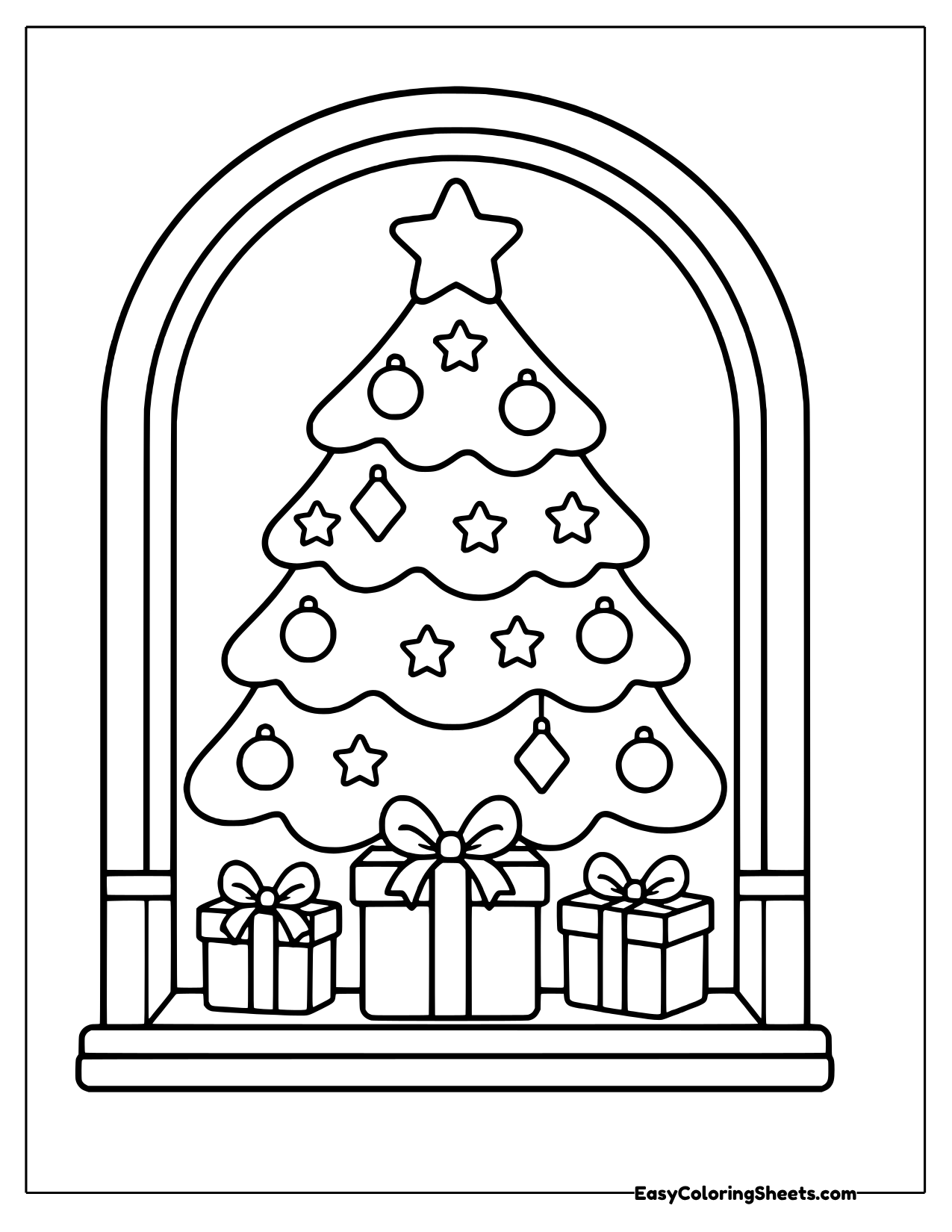 Christmas tree seen through a tall arched window