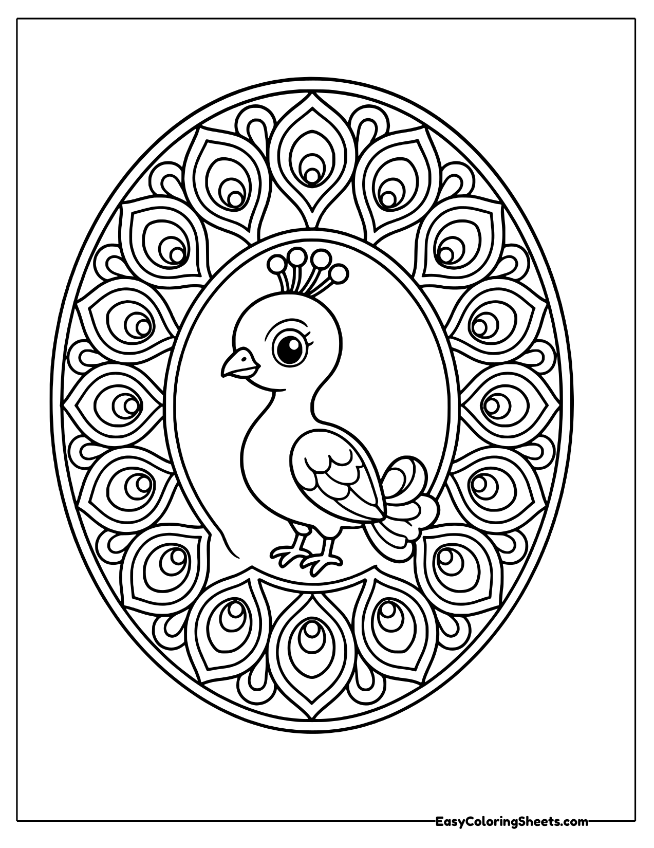Oval mandala with a peacock in an arch