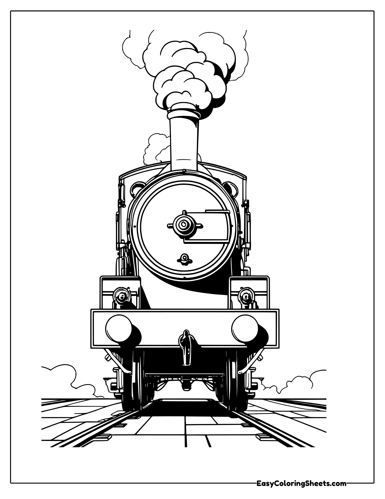 Tank engine steam locomotive coming straight toward the viewer on the rails