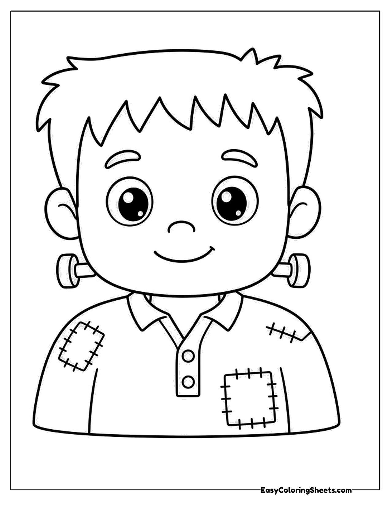 Large friendly monster portrait with patched shirt and neck bolts
