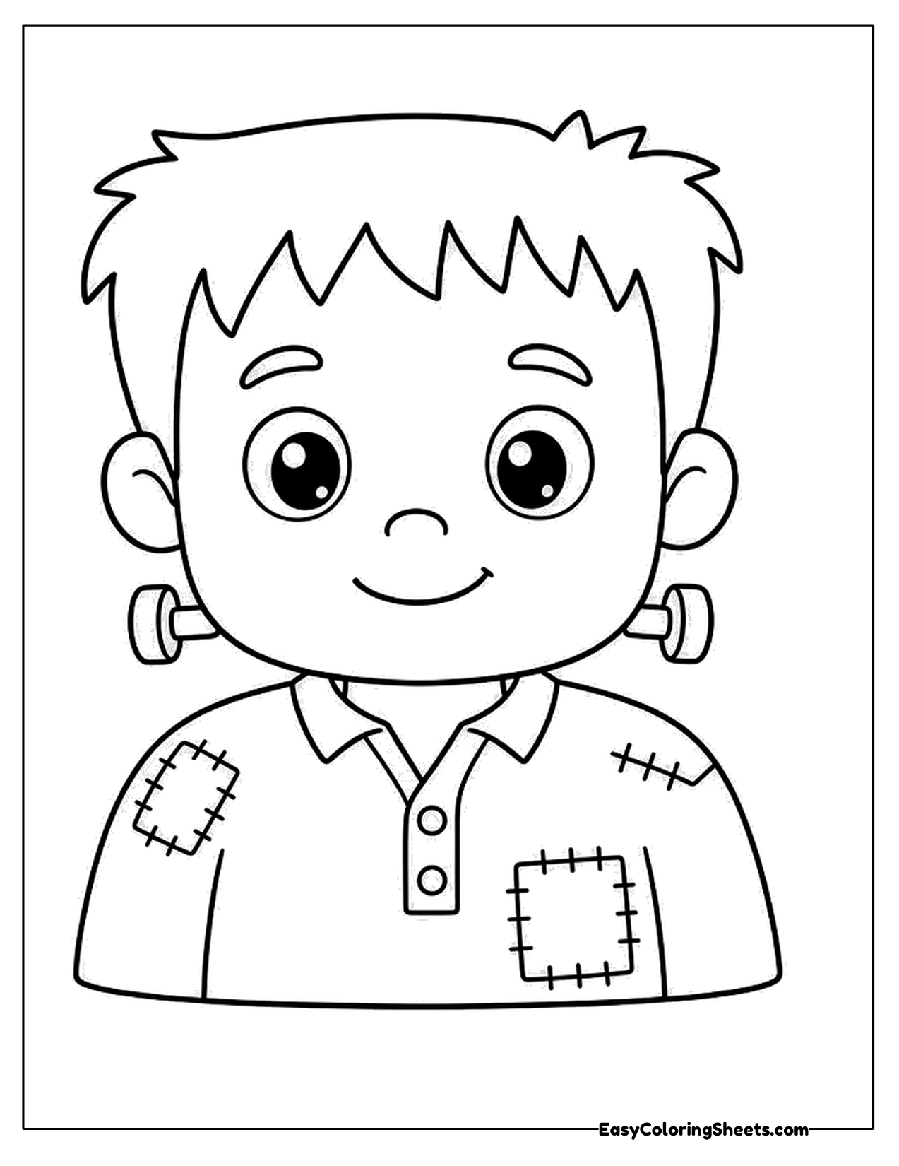 Large friendly monster portrait with patched shirt and neck bolts
