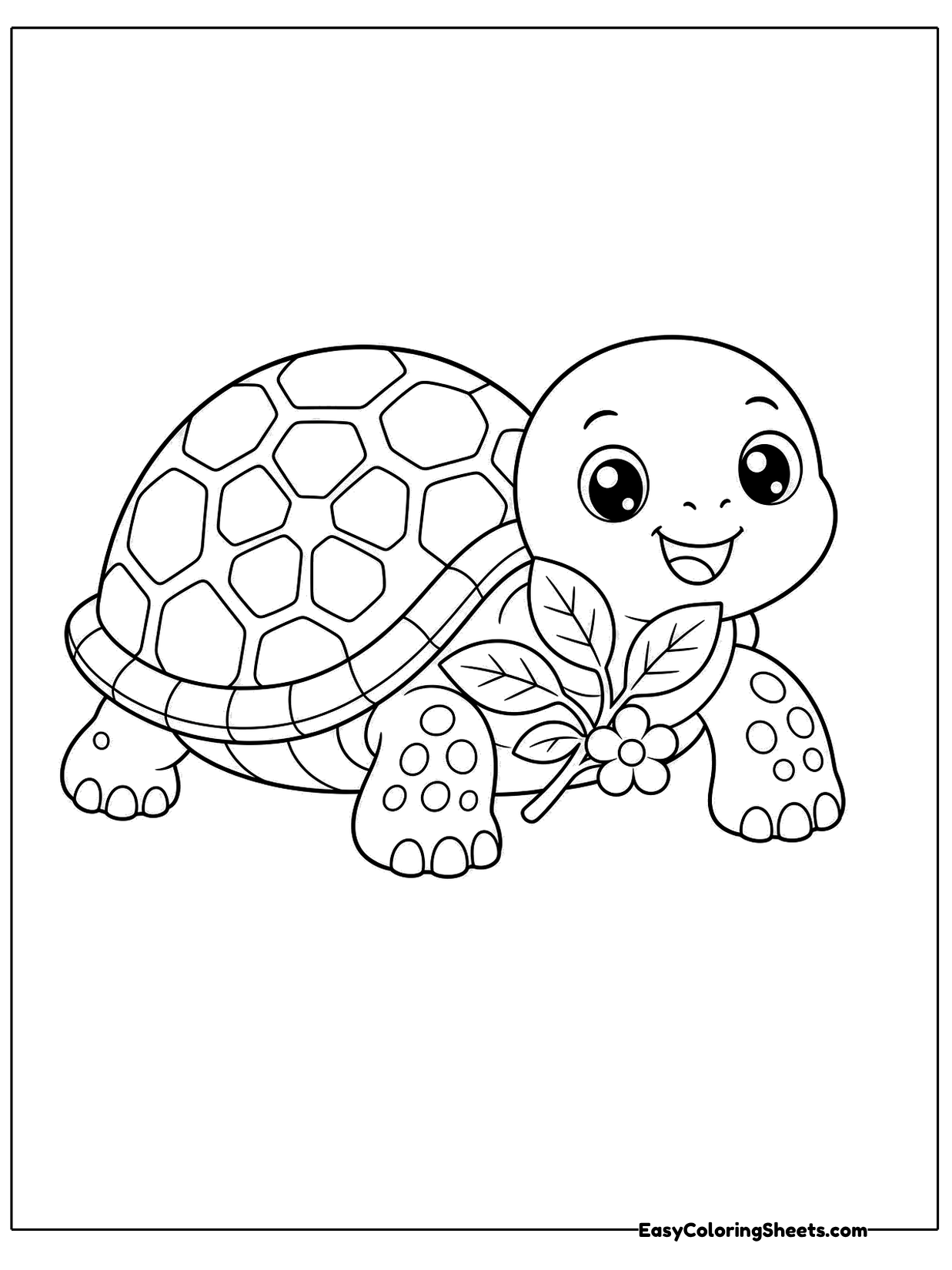 A happy turtle holds a little sprig with a leaf and a small blossom, as if offering a gift.